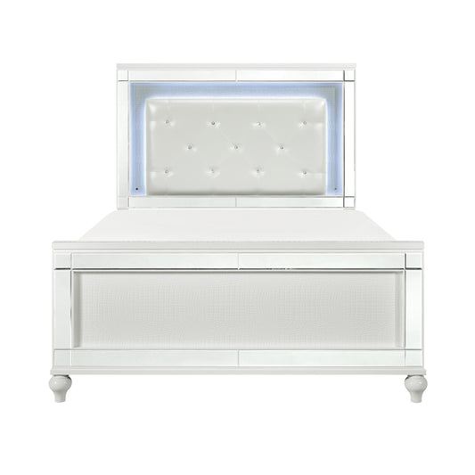 White tufted leather bed frame with mirrored accents and LED headboard light