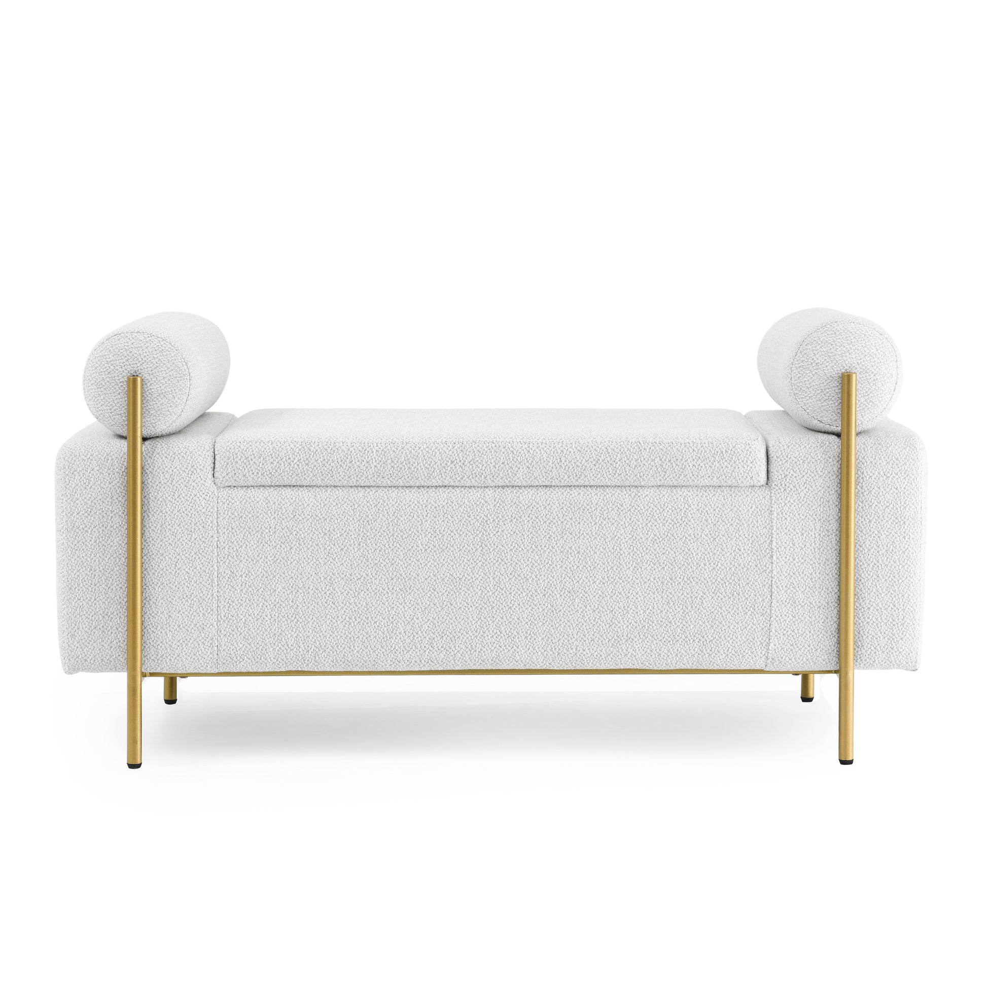 White boucle storage bench with gold metal legs and rolled armrests