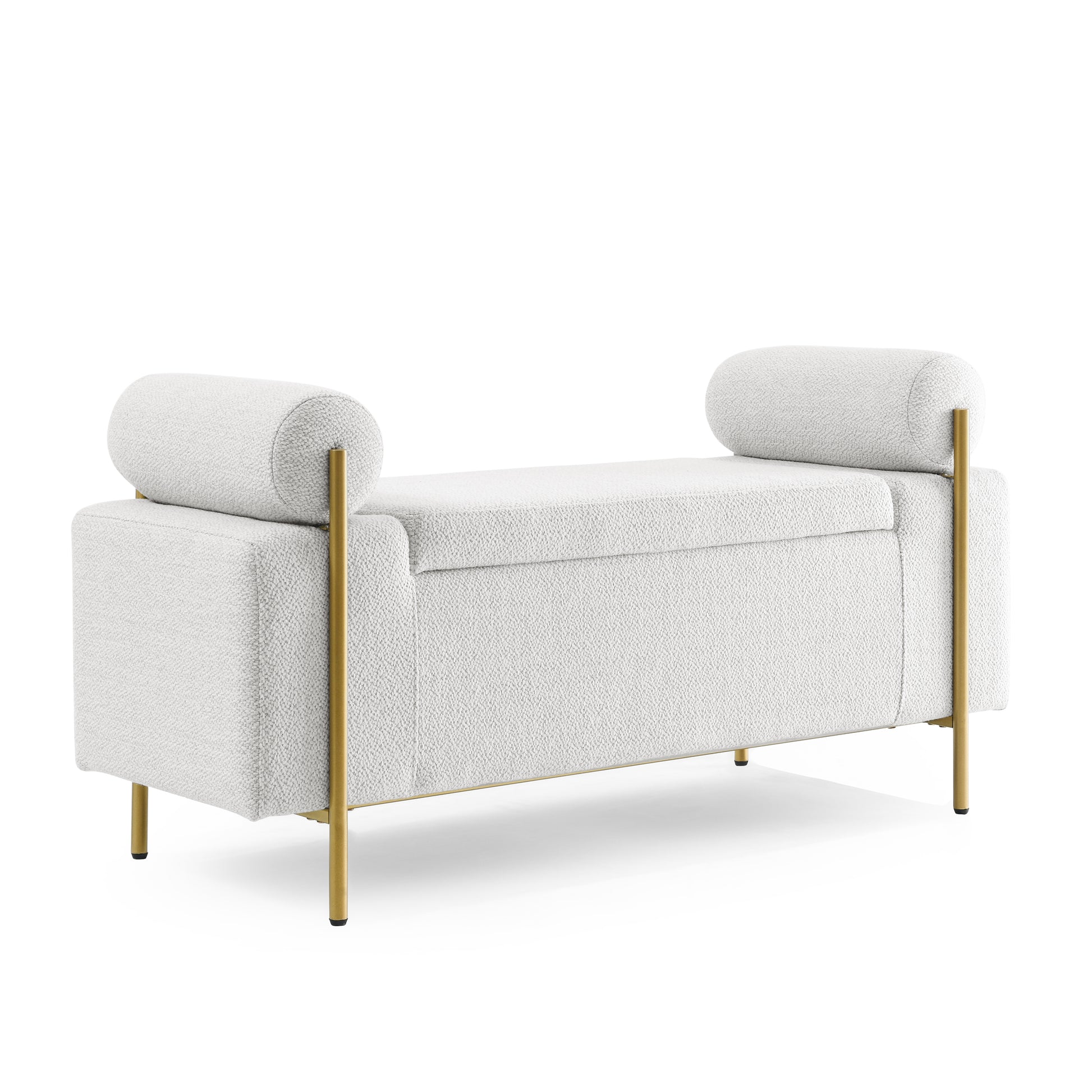 White boucl bench with gold legs and bolsters