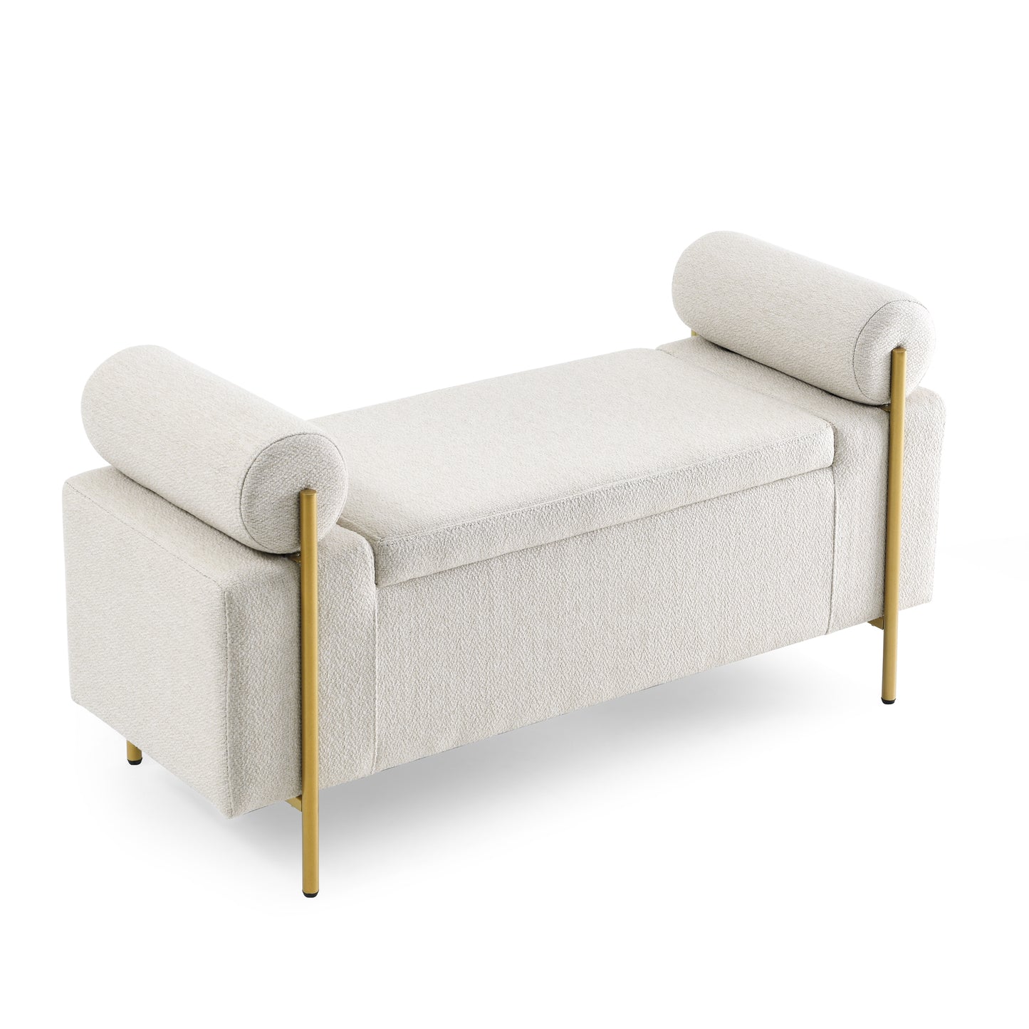 Cream boucl storage bench with gold legs and bolster arms