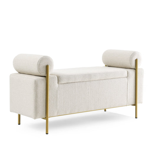 Cream boucle storage bench with gold legs