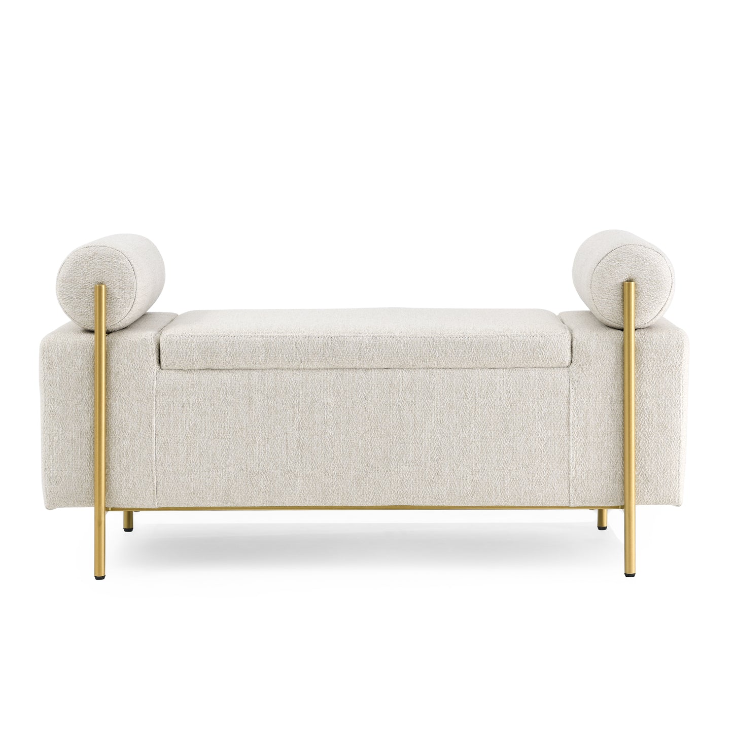 Cream boucle bench with gold legs and bolster armrests