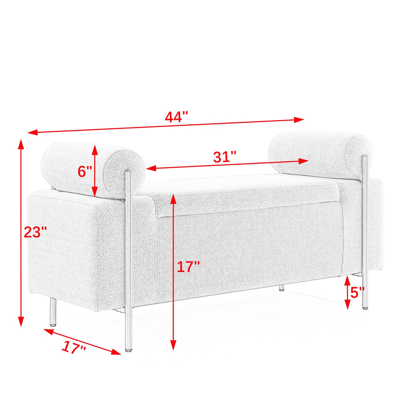 Modern upholstered bench with bolster arms and silver legs  inches wide