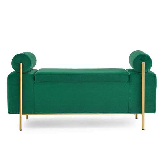 Emerald green velvet storage bench with gold legs