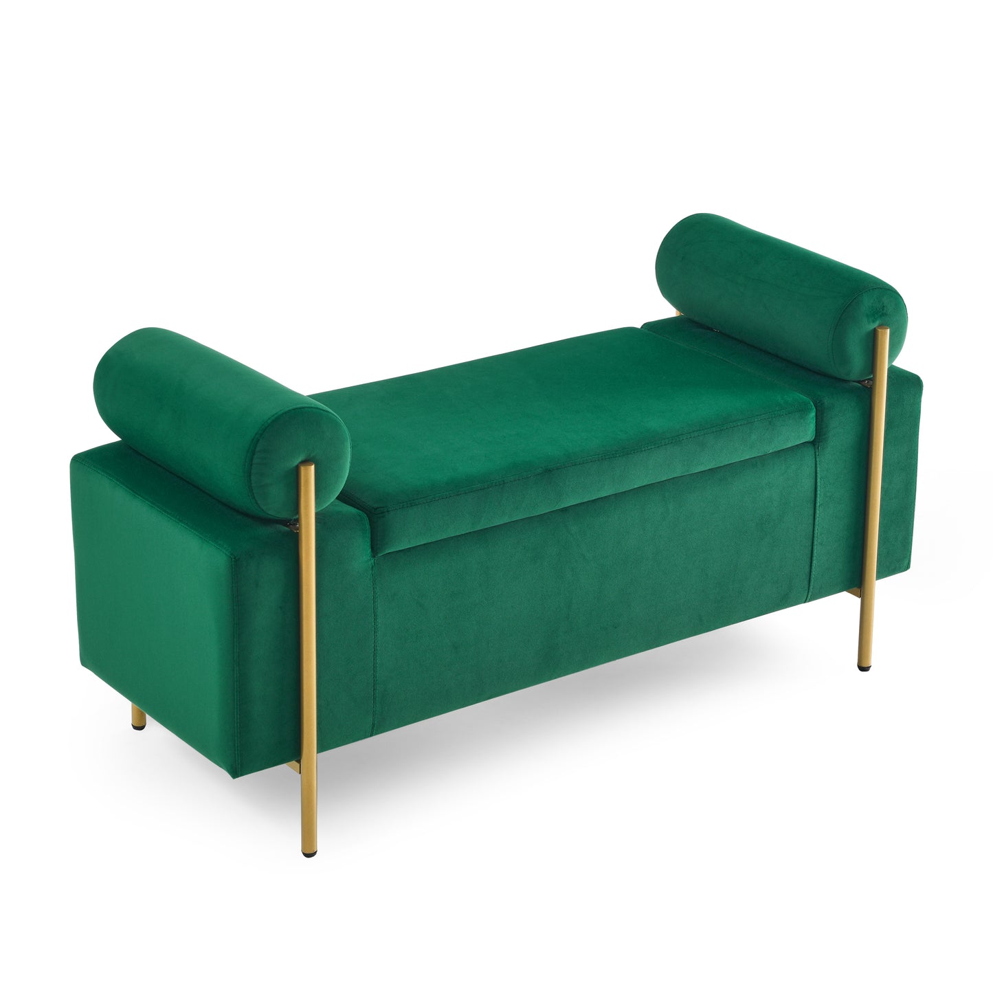 Emerald green velvet bench with gold legs and bolster pillows