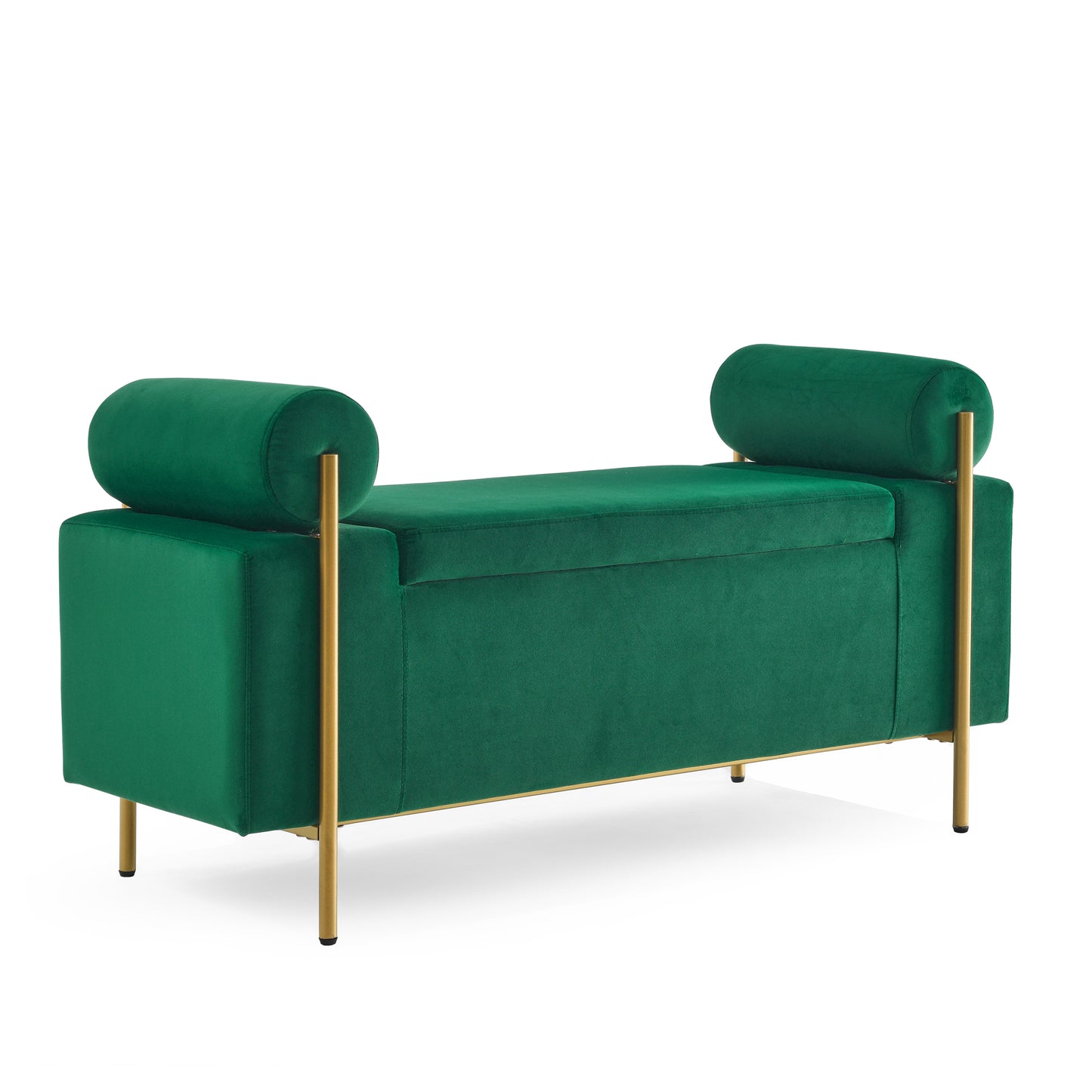 Emerald green velvet storage bench with gold legs and bolster armrests
