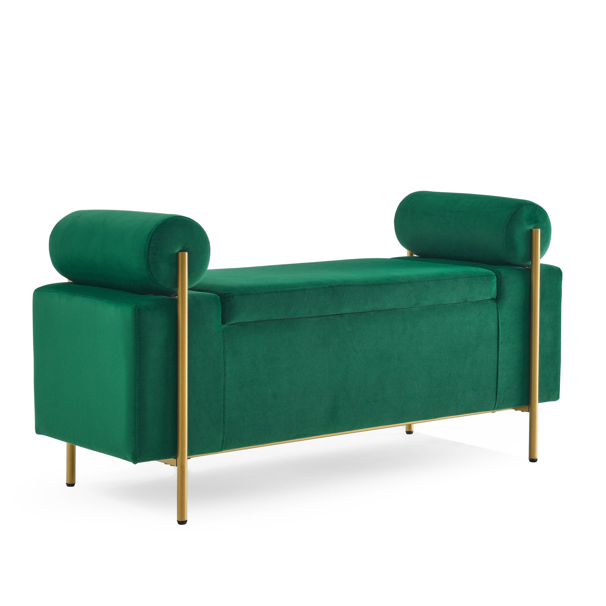 Emerald green velvet storage bench with gold legs and bolster armrests