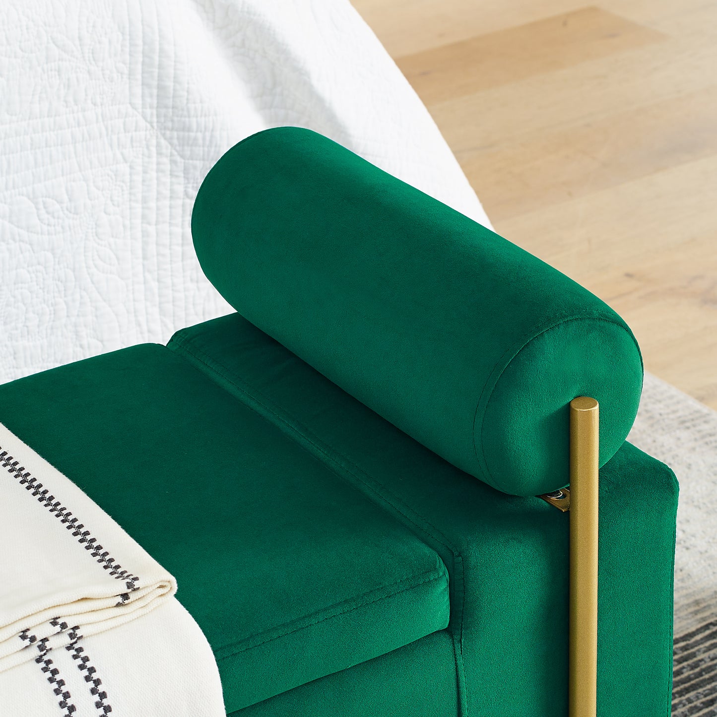 Emerald green velvet accent bench with gold legs