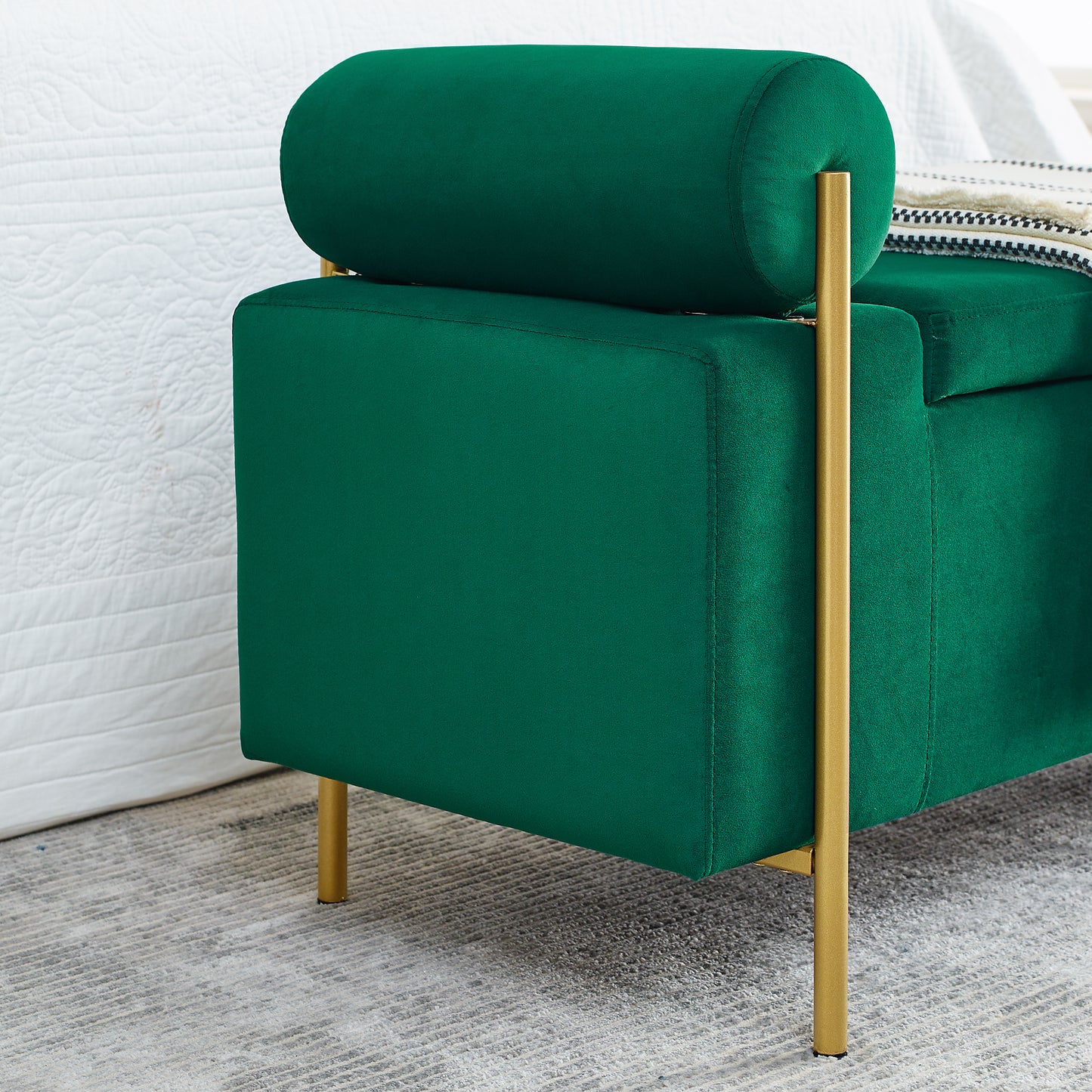 Emerald green velvet bench with gold legs
