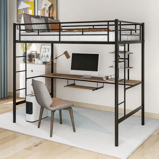 TREATLIFE HOME Loft Bed with Desk and Shelf, Space Saving Design for Twin Room, Metal Frame in Black