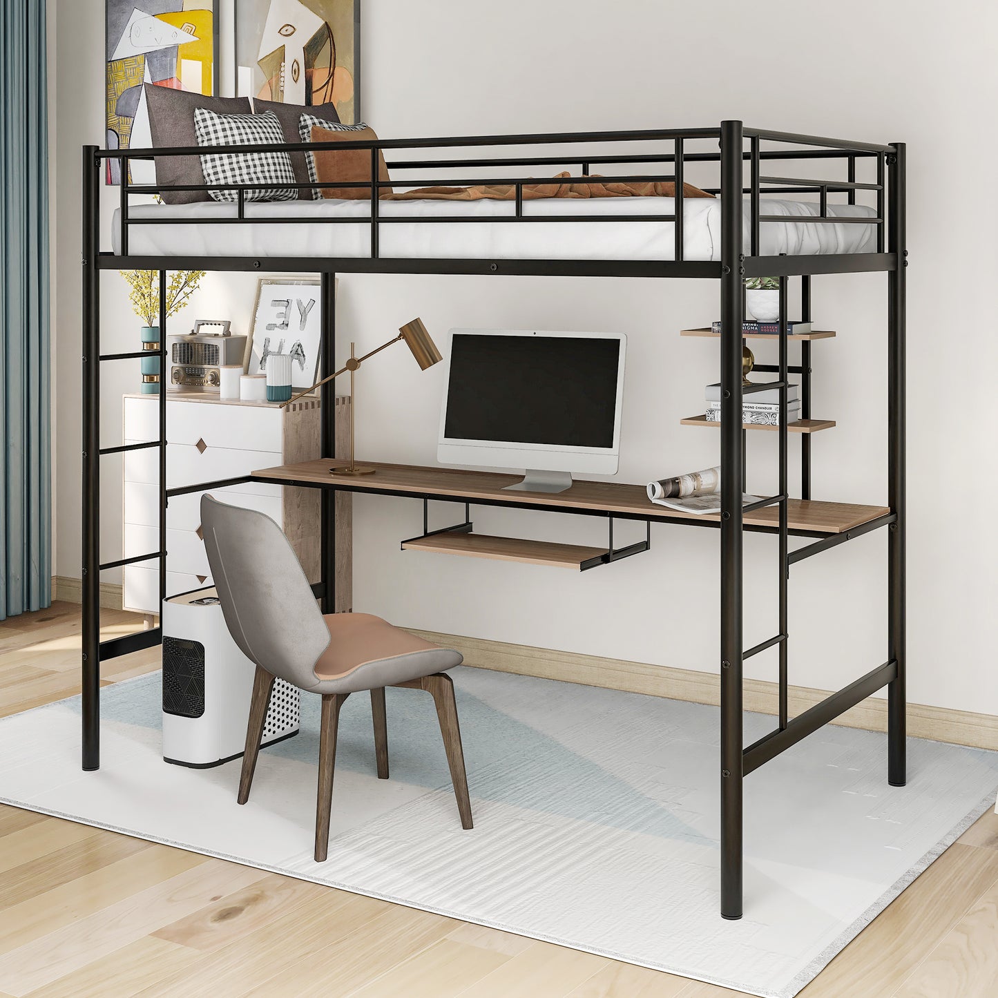 TREATLIFE HOME Loft Bed with Built-in Desk and Bookshelves, Space Saving Design, Twin Size, Black