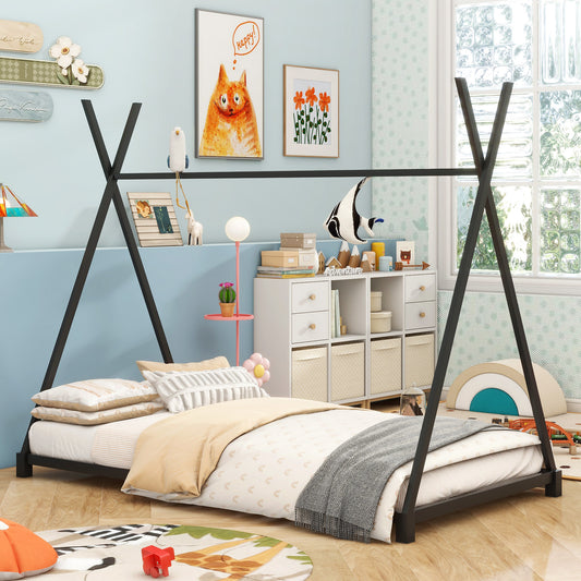 Black metal teepee bed frame with white bedding and pillows