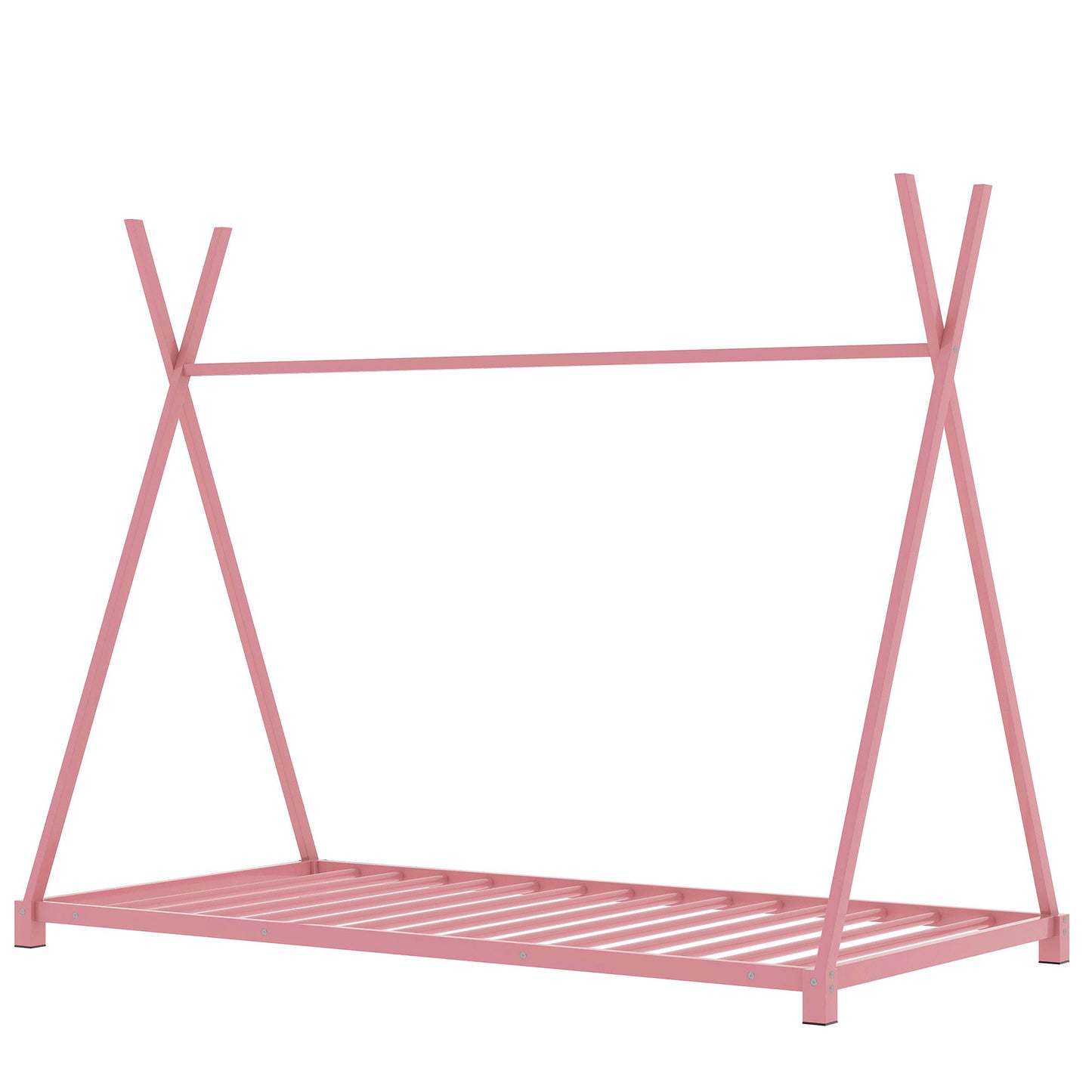 Pink metal teepee bed frame with slatted base for children