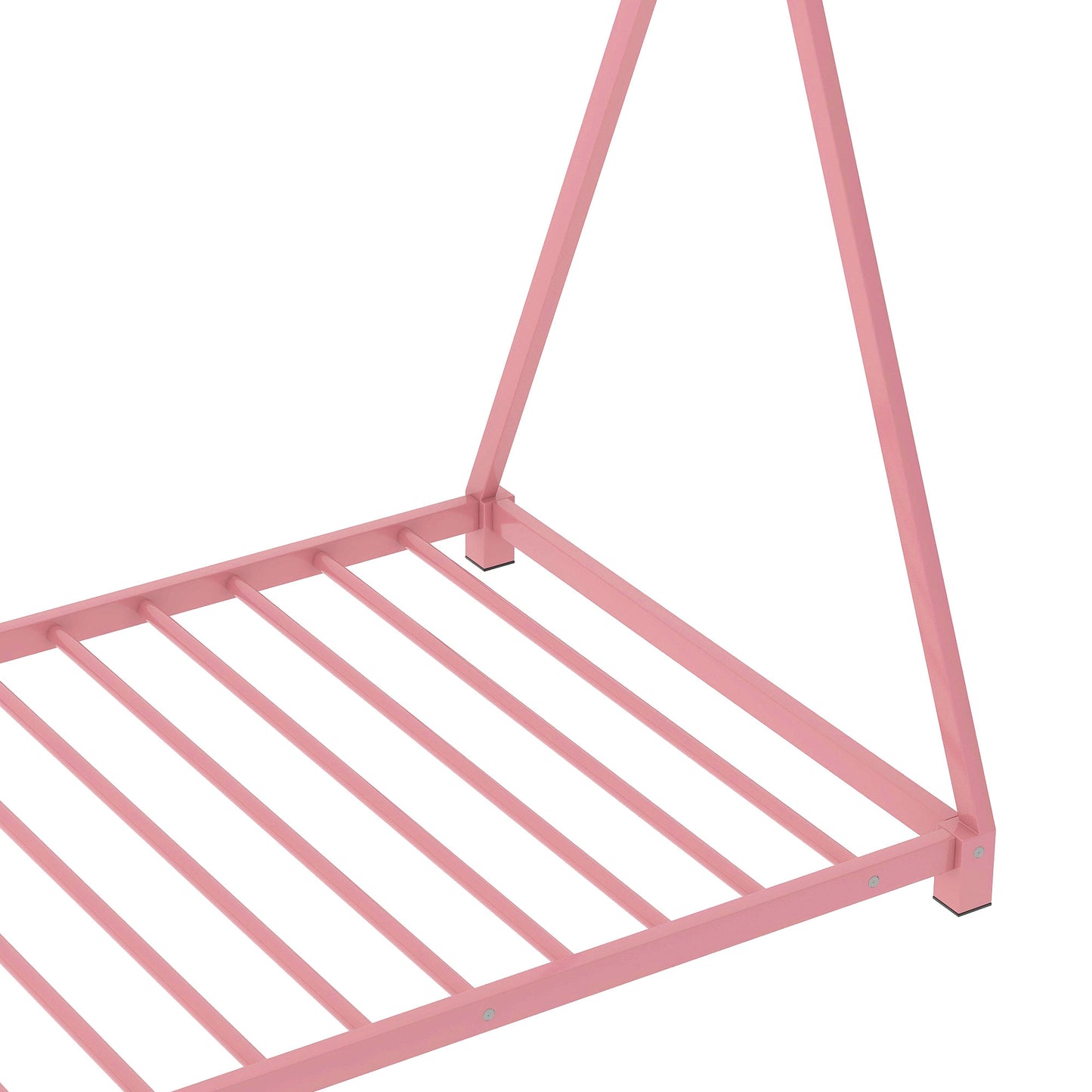 Pink metal toddler bed frame with slatted mattress support