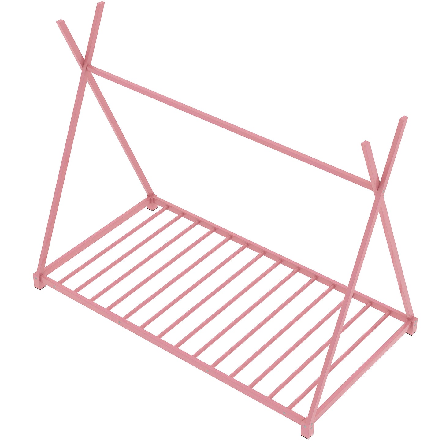 Pink metal teepee bed frame with slatted mattress support