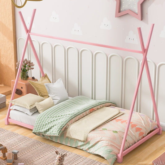Pink wooden toddler bed with teepee frame and cloud wallpaper