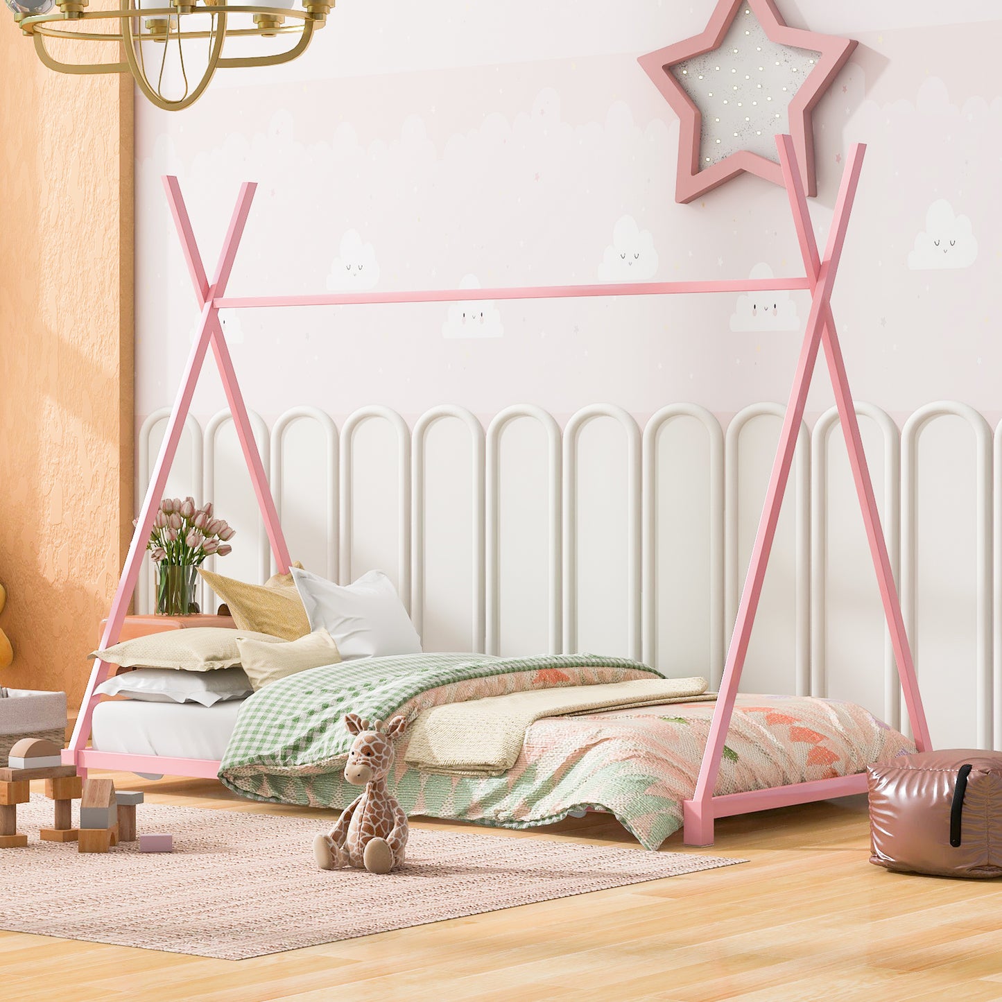 Pink teepee bed with cloudpatterned wallpaper
