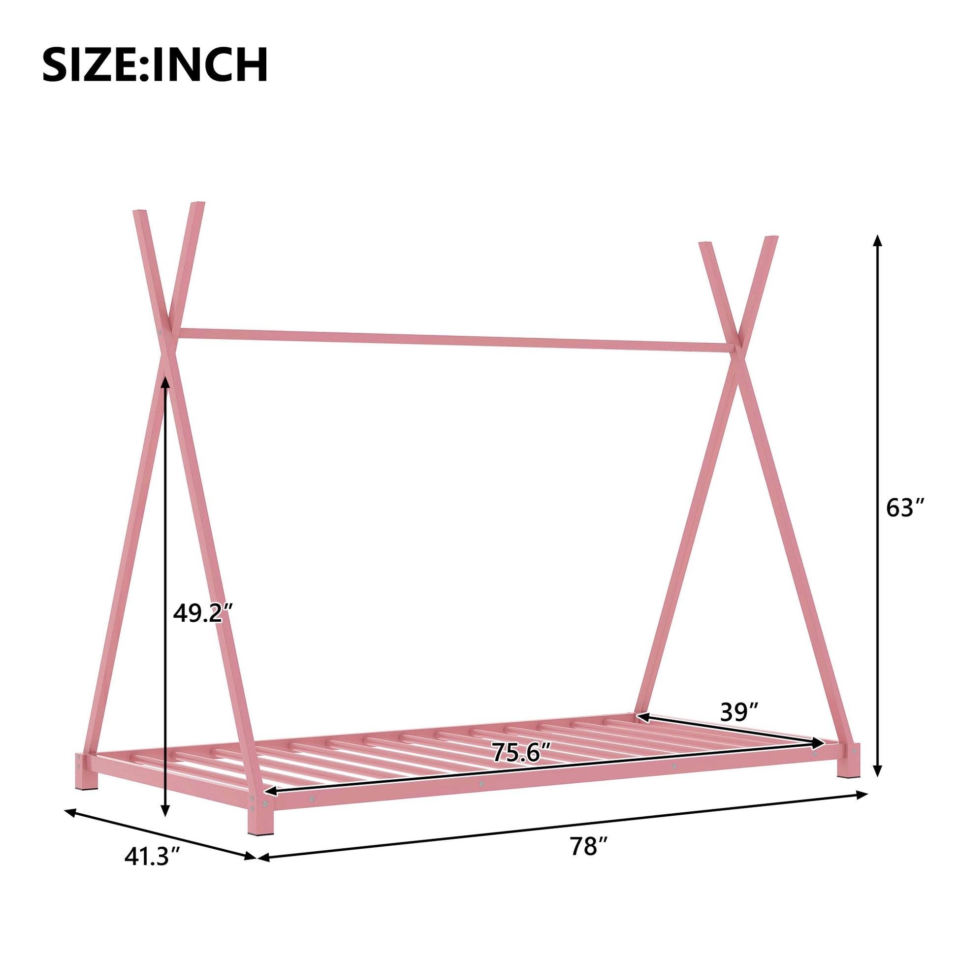 Pink metal teepee bed frame with dimensions