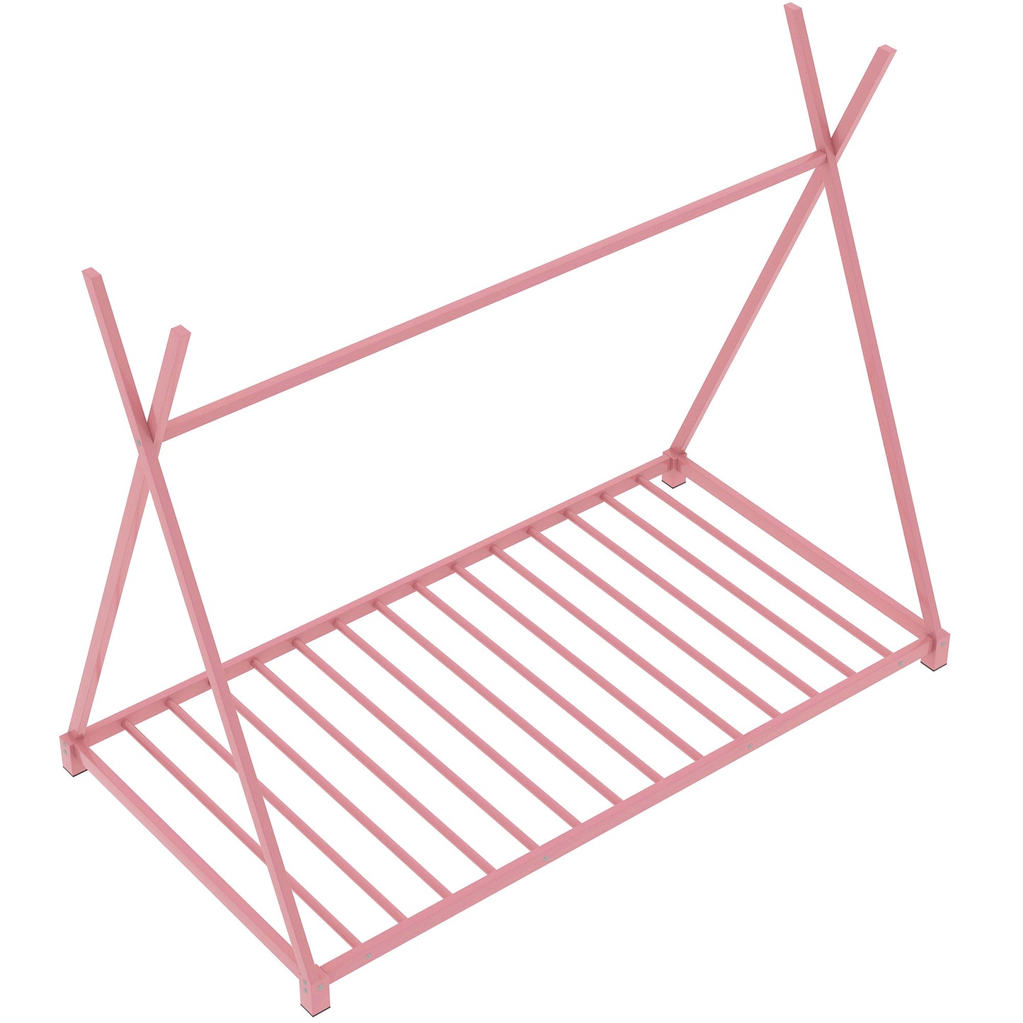 Pink metal toddler bed frame with teepee design