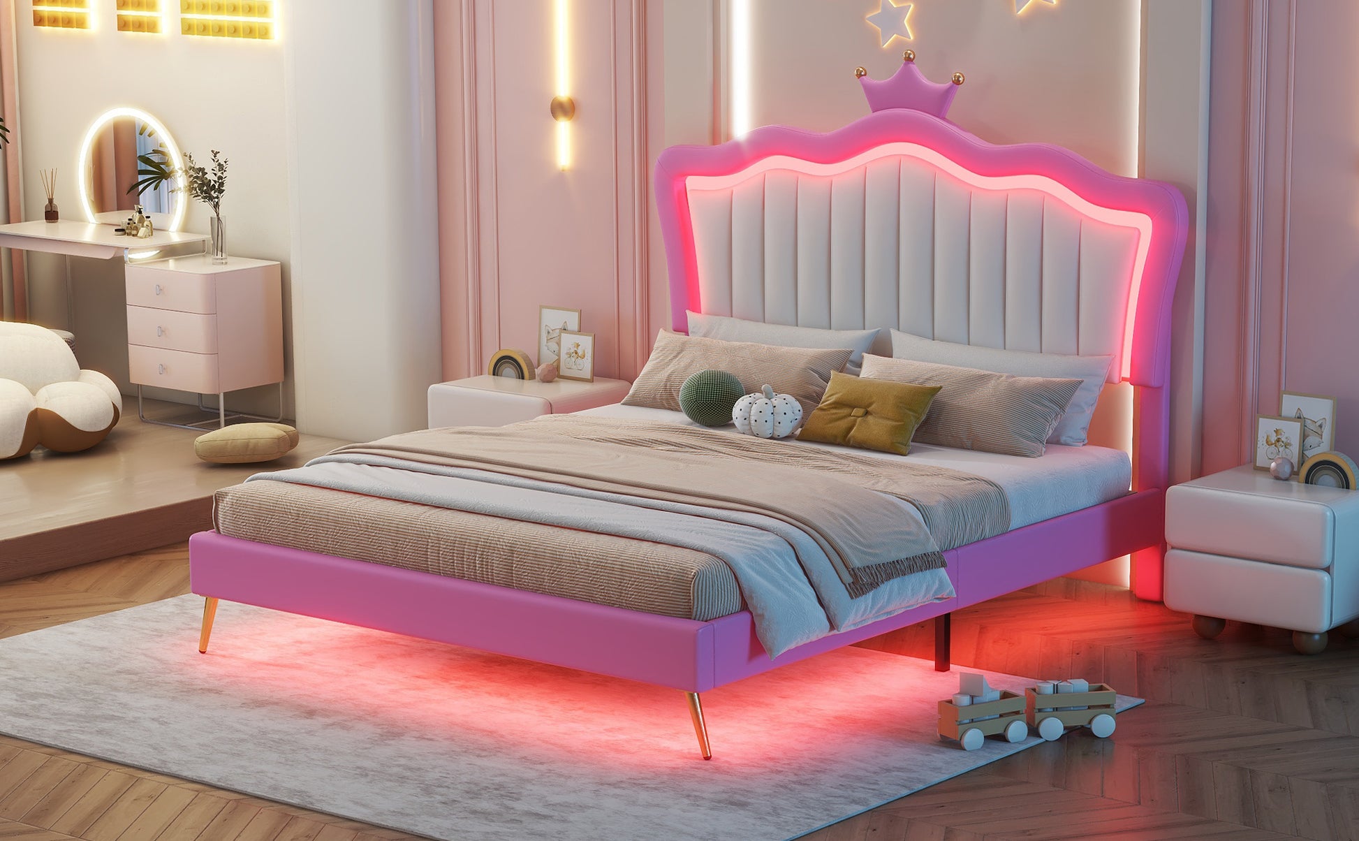 Pink upholstered bed with crown headboard and LED lights