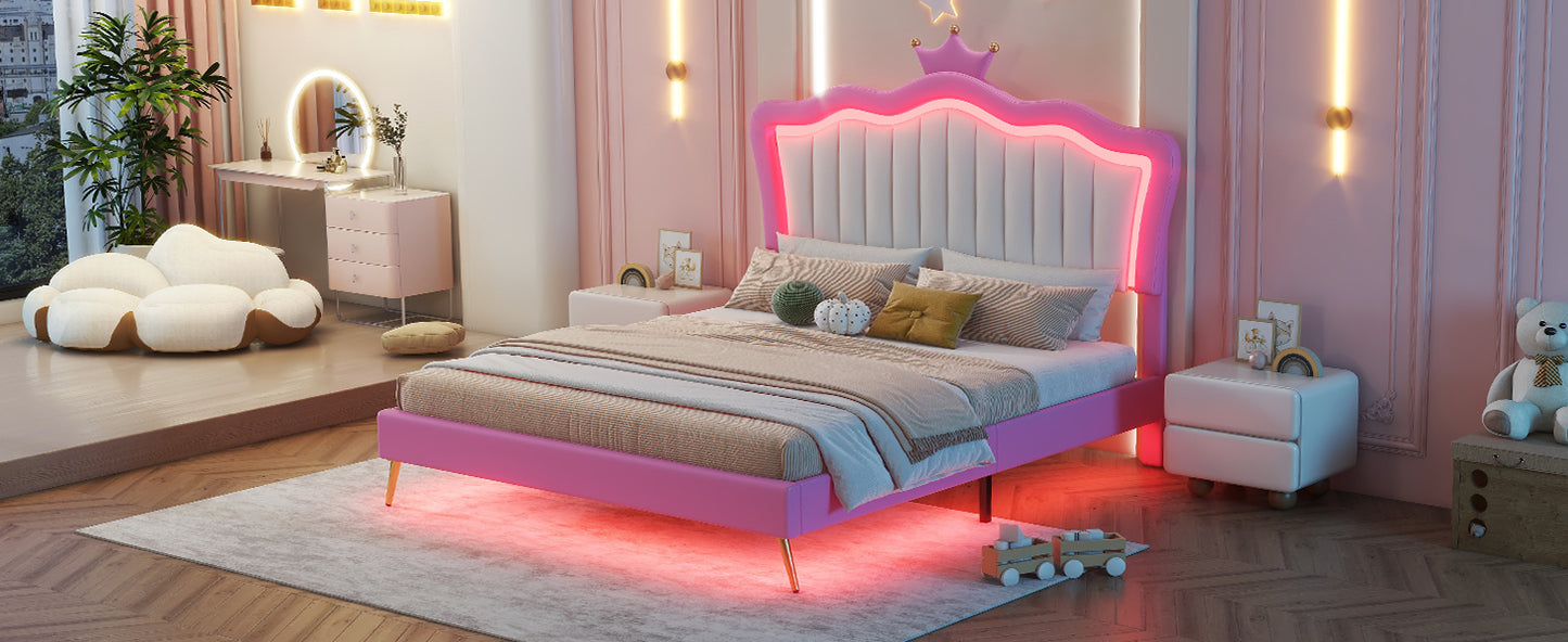 Pink upholstered queen bed with crown headboard and LED lights