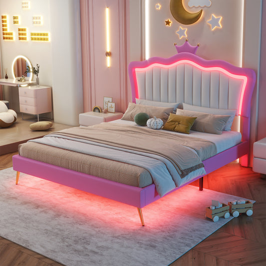 Pink velvet queen bed with crown headboard and LED lights