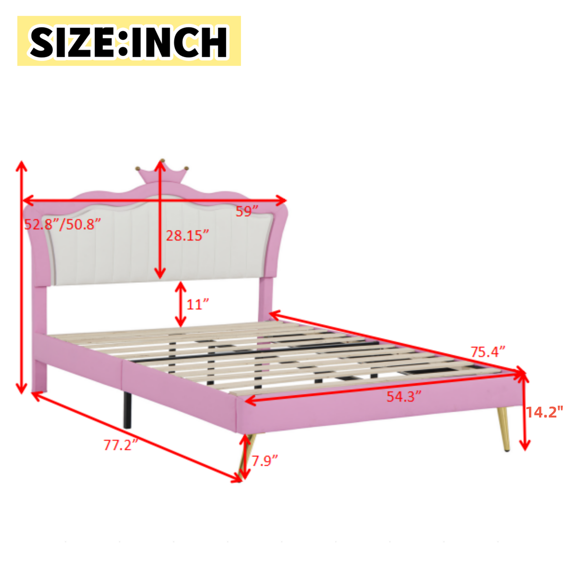 Pink upholstered twin bed frame with crown headboard design and gold legs