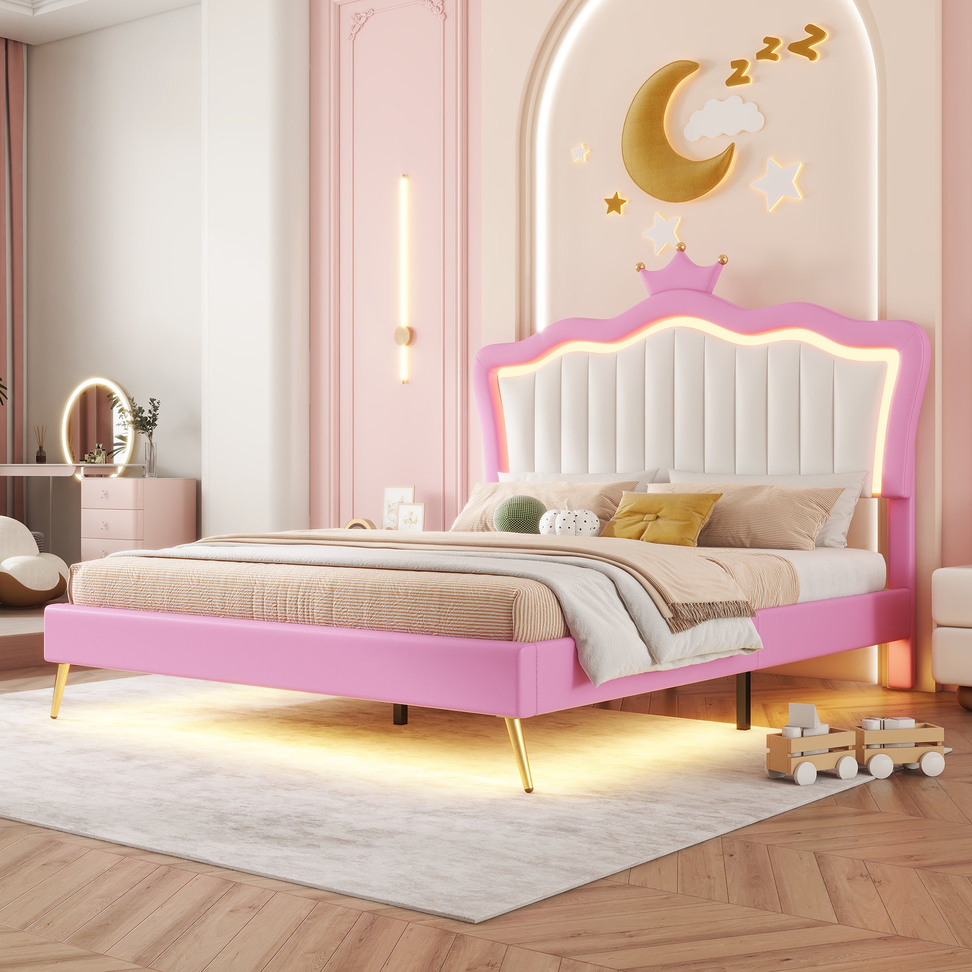Pink upholstered bed with crown headboard and LED lighting
