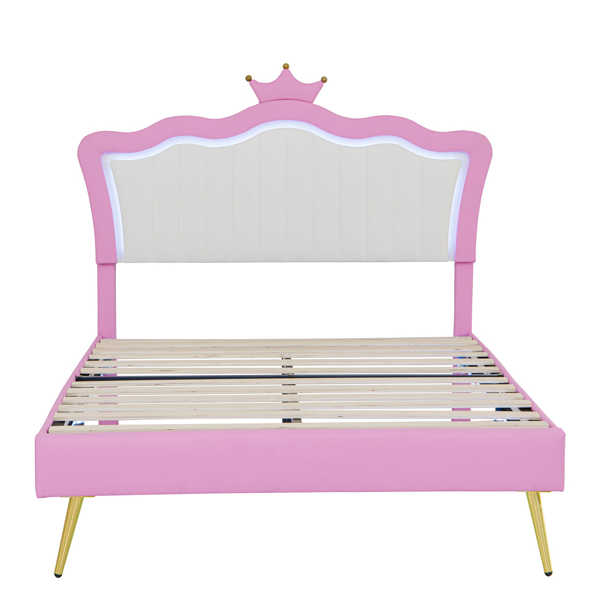 Pink upholstered twin bed with crown headboard and LED lights