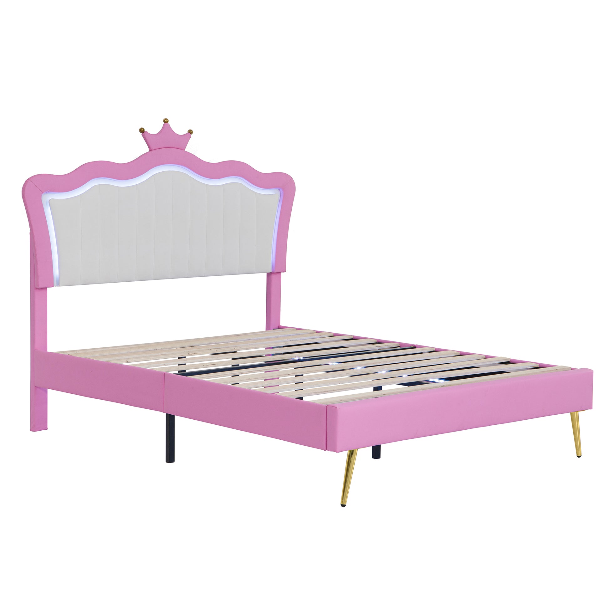 Pink upholstered twin bed frame with a crownshaped headboard featuring LED lights