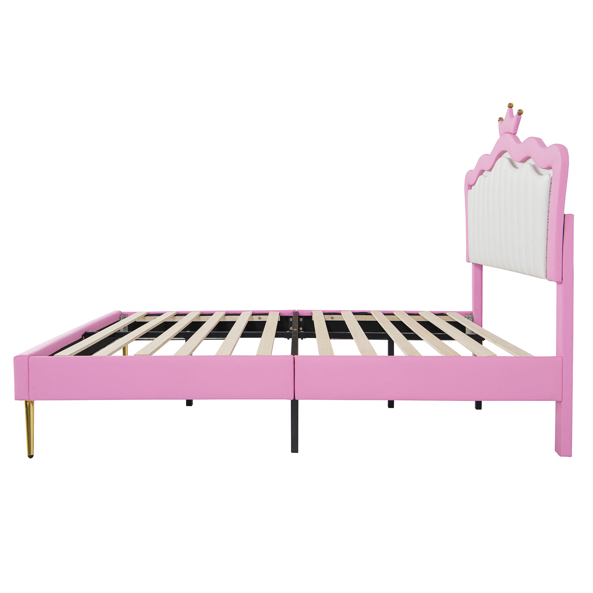 Pink upholstered twin bed frame with crown headboard design