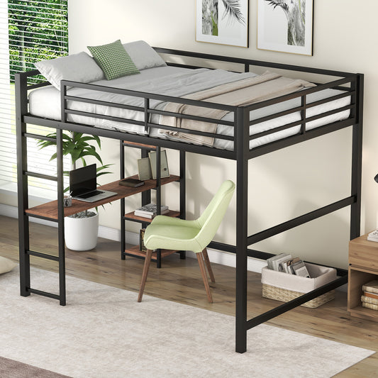 Black metal loft bed with desk and shelves
