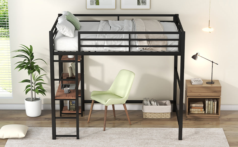 Black metal loft bed with wooden shelves and desk