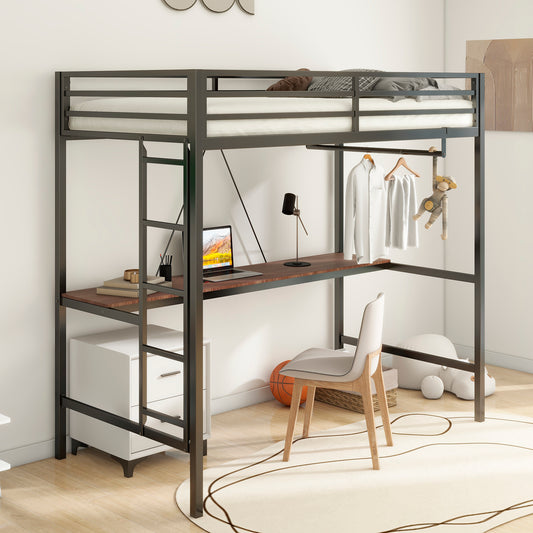 Black metal loft bed with integrated desk and wardrobe rail