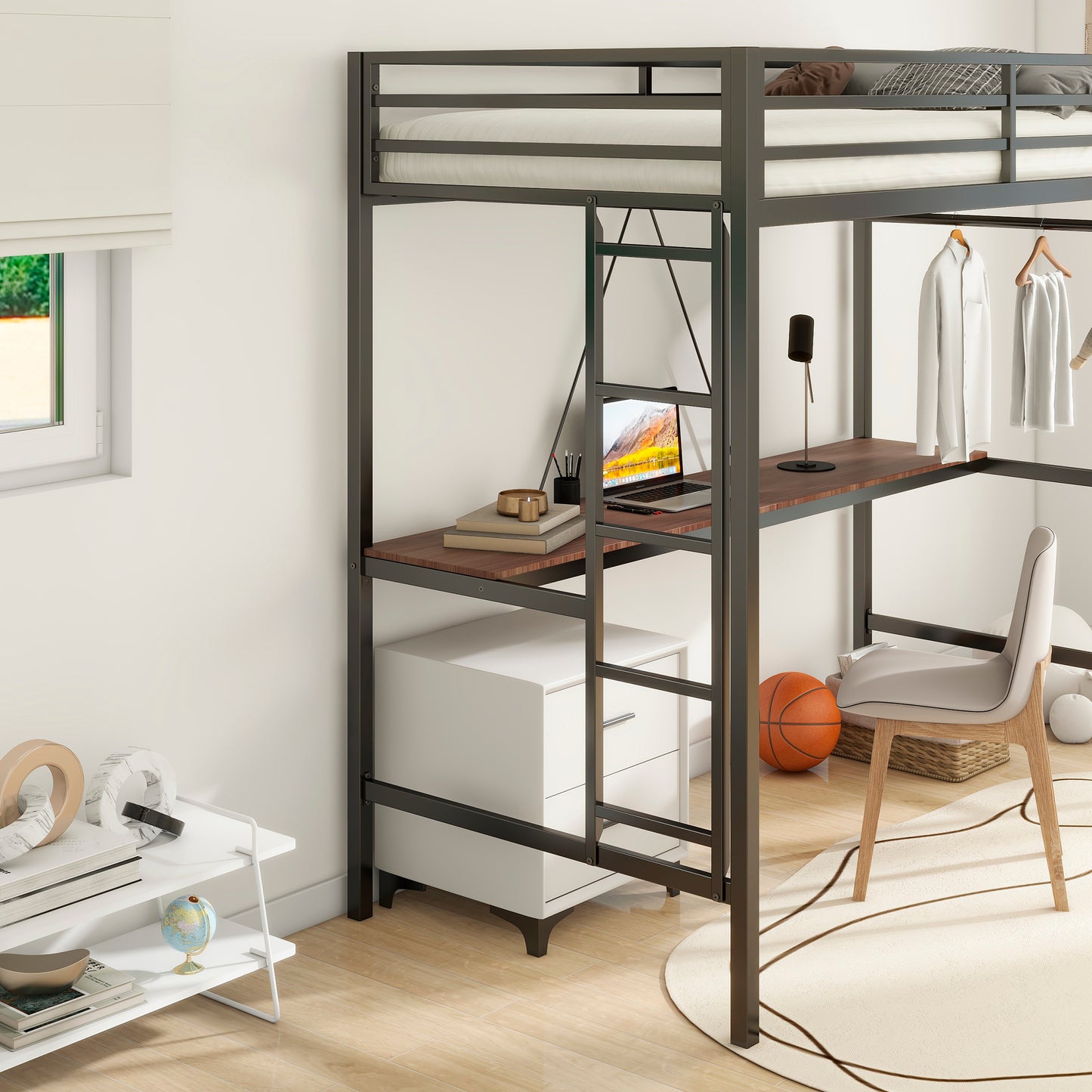 Gray metal loft bed with desk and white drawers