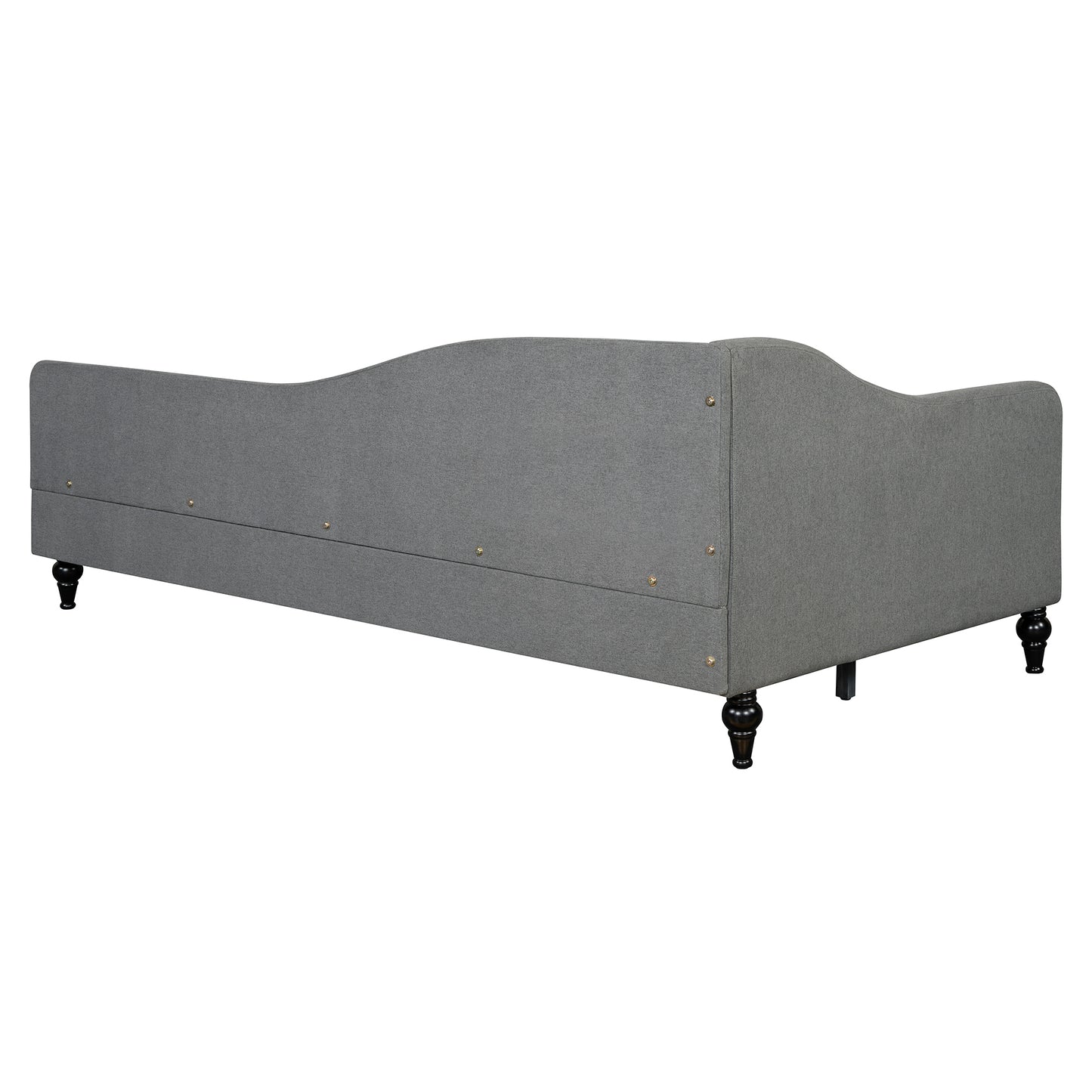 Gray upholstered daybed with carved dark wood legs classic design