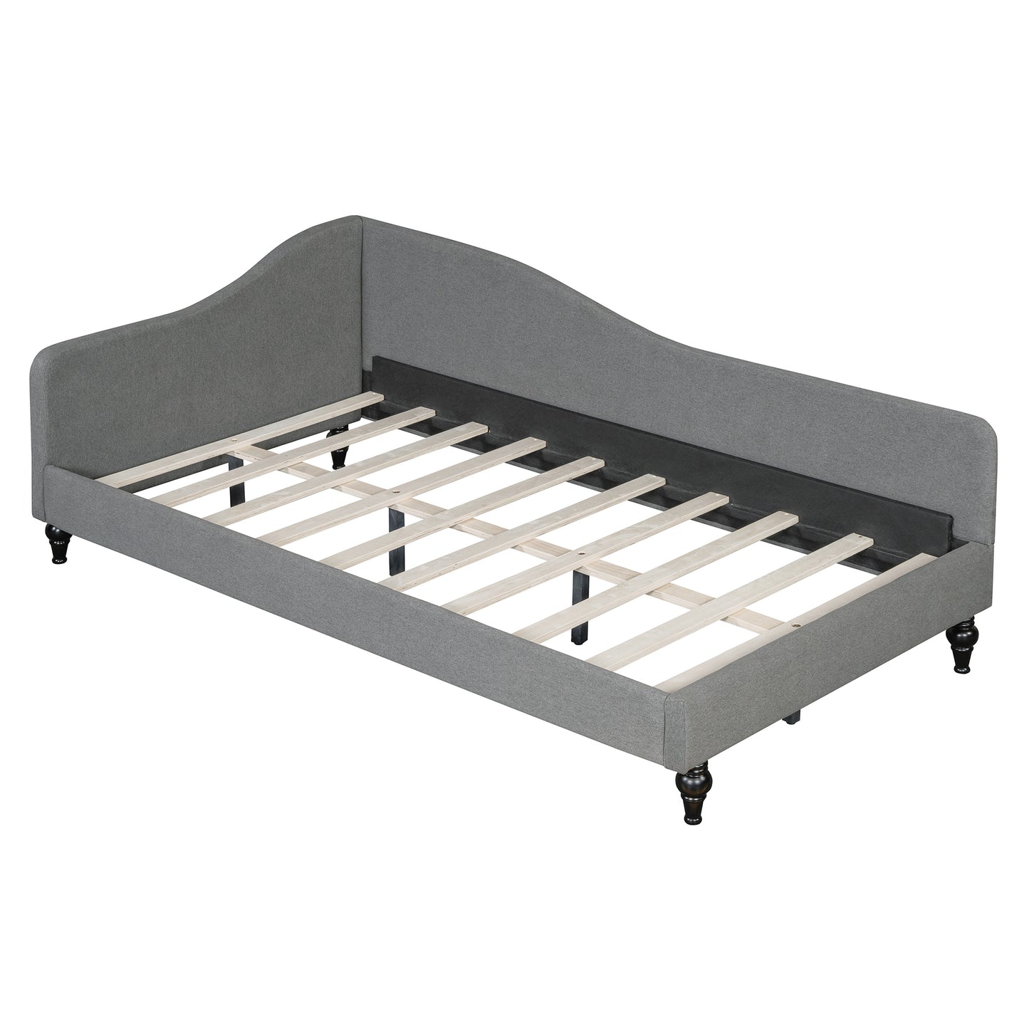 Grey fabric daybed with curved backrest and wooden slats