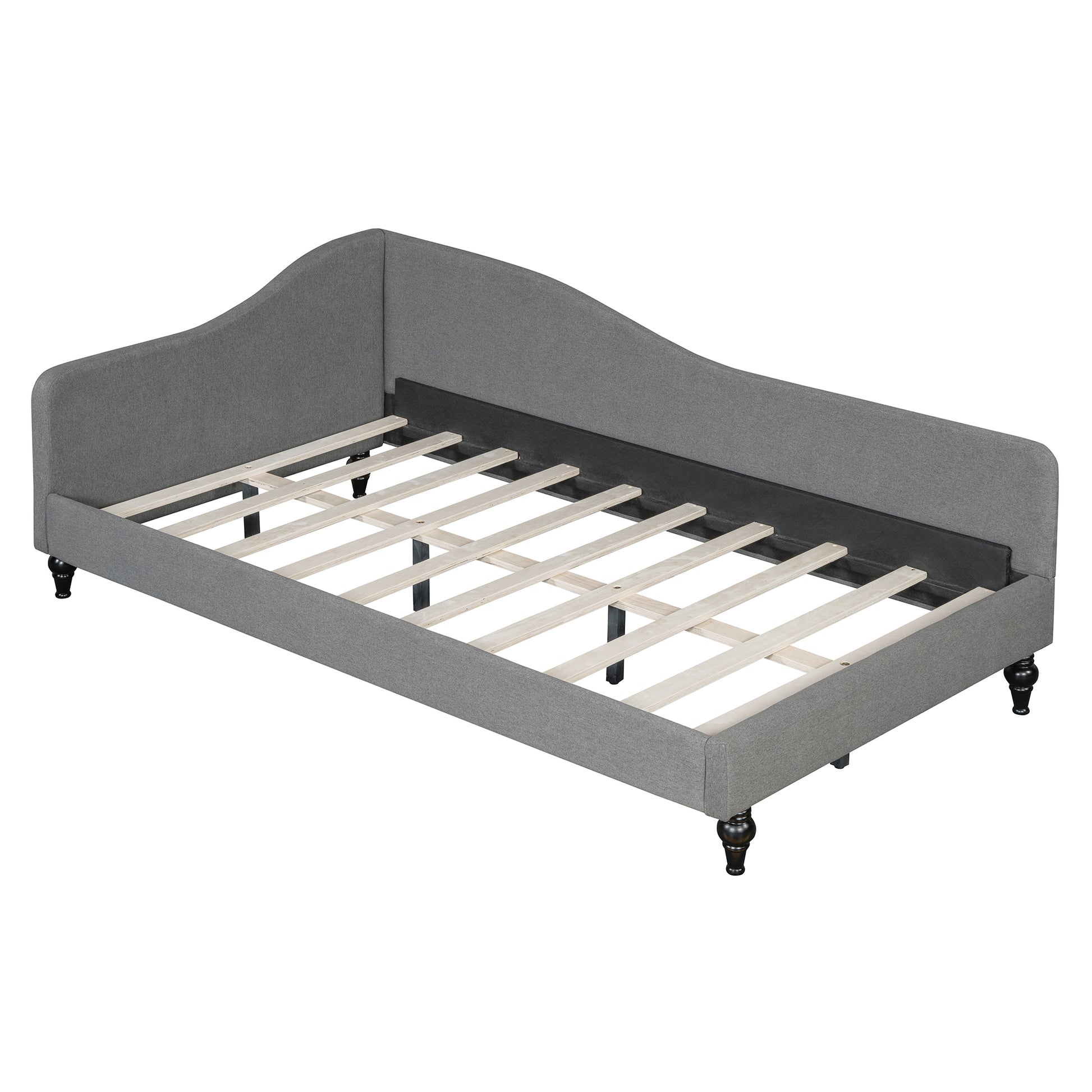 Grey fabric daybed with curved backrest and wooden slats