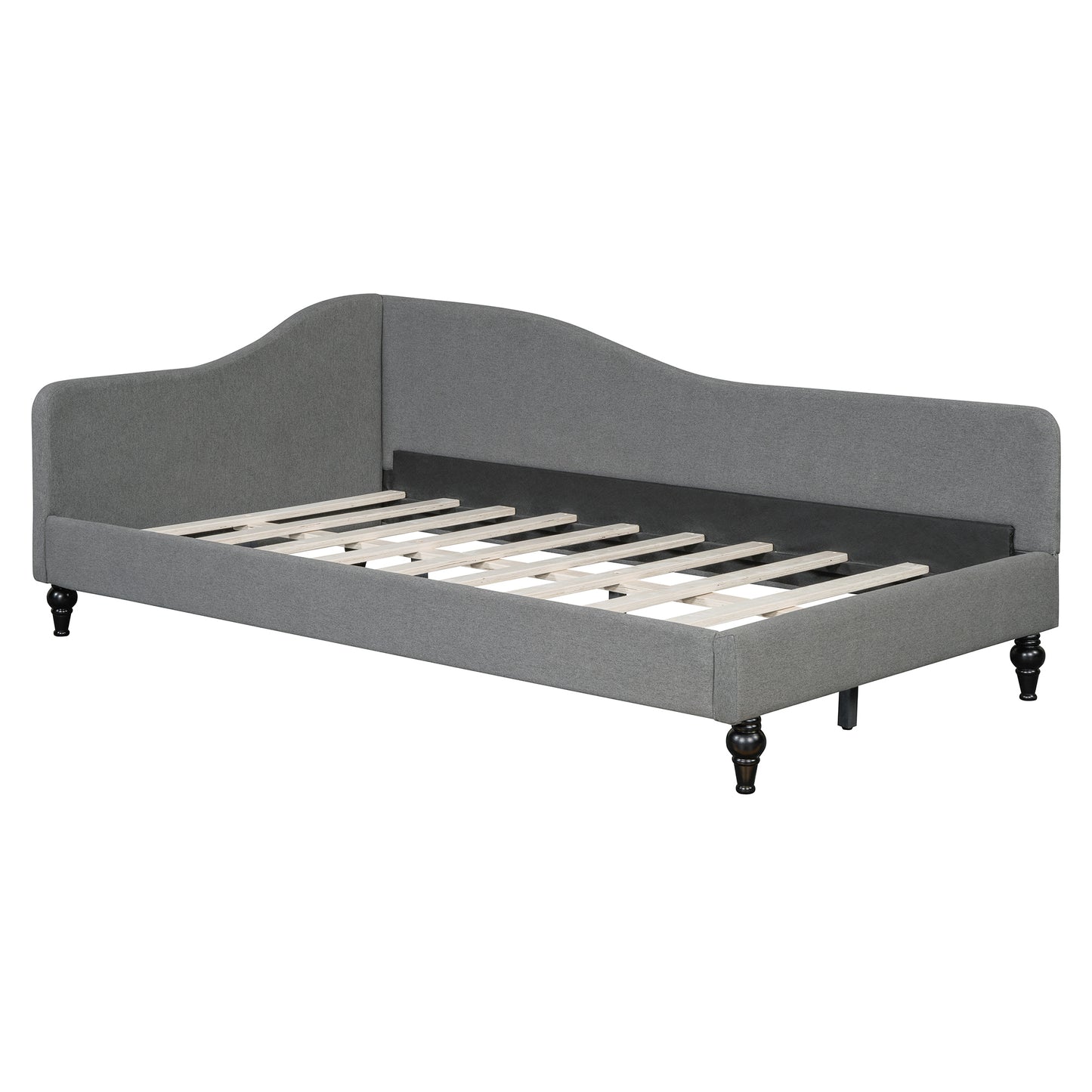 Gray upholstered daybed with wooden slats and turned legs