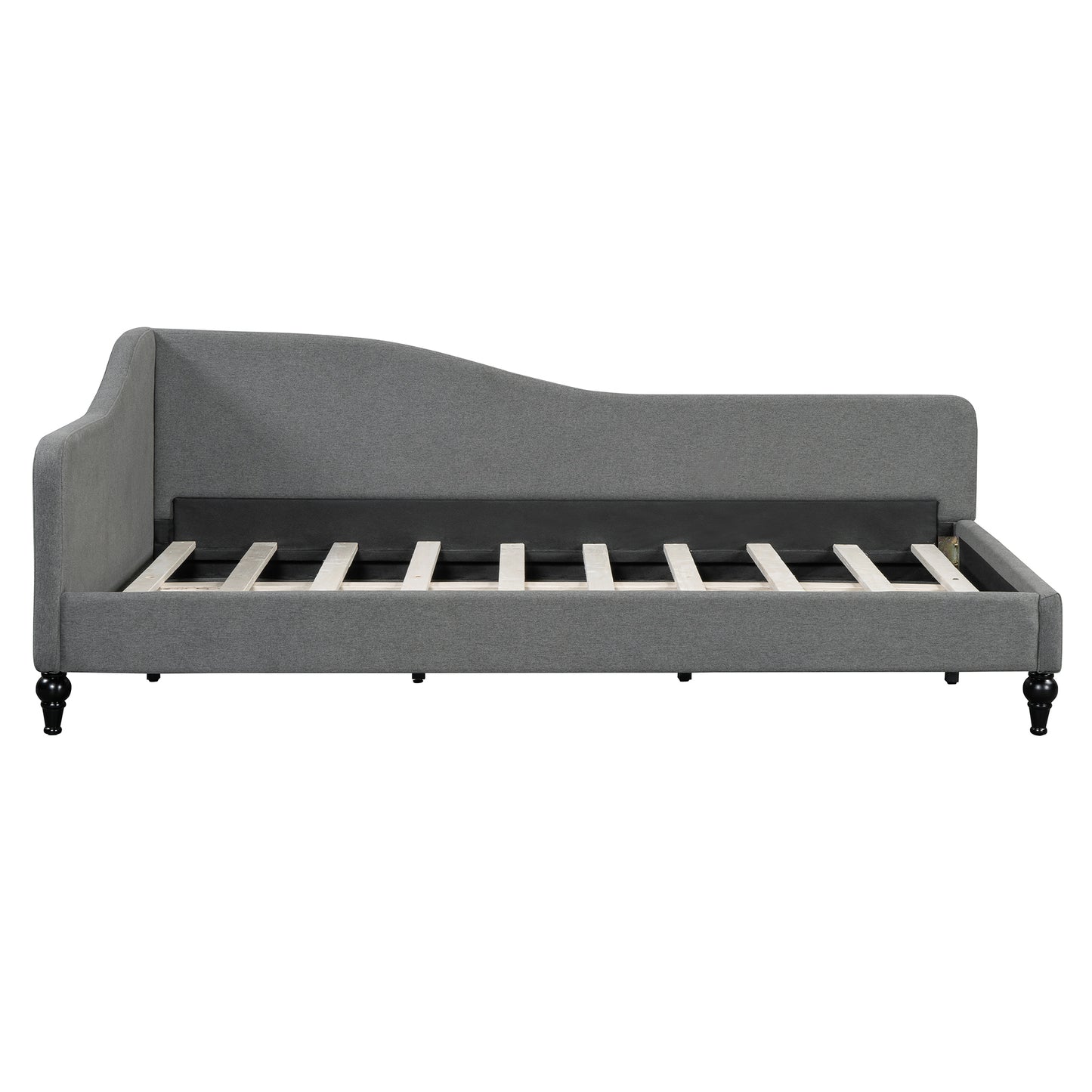 Grey fabric daybed with a curved armrest and wooden slats