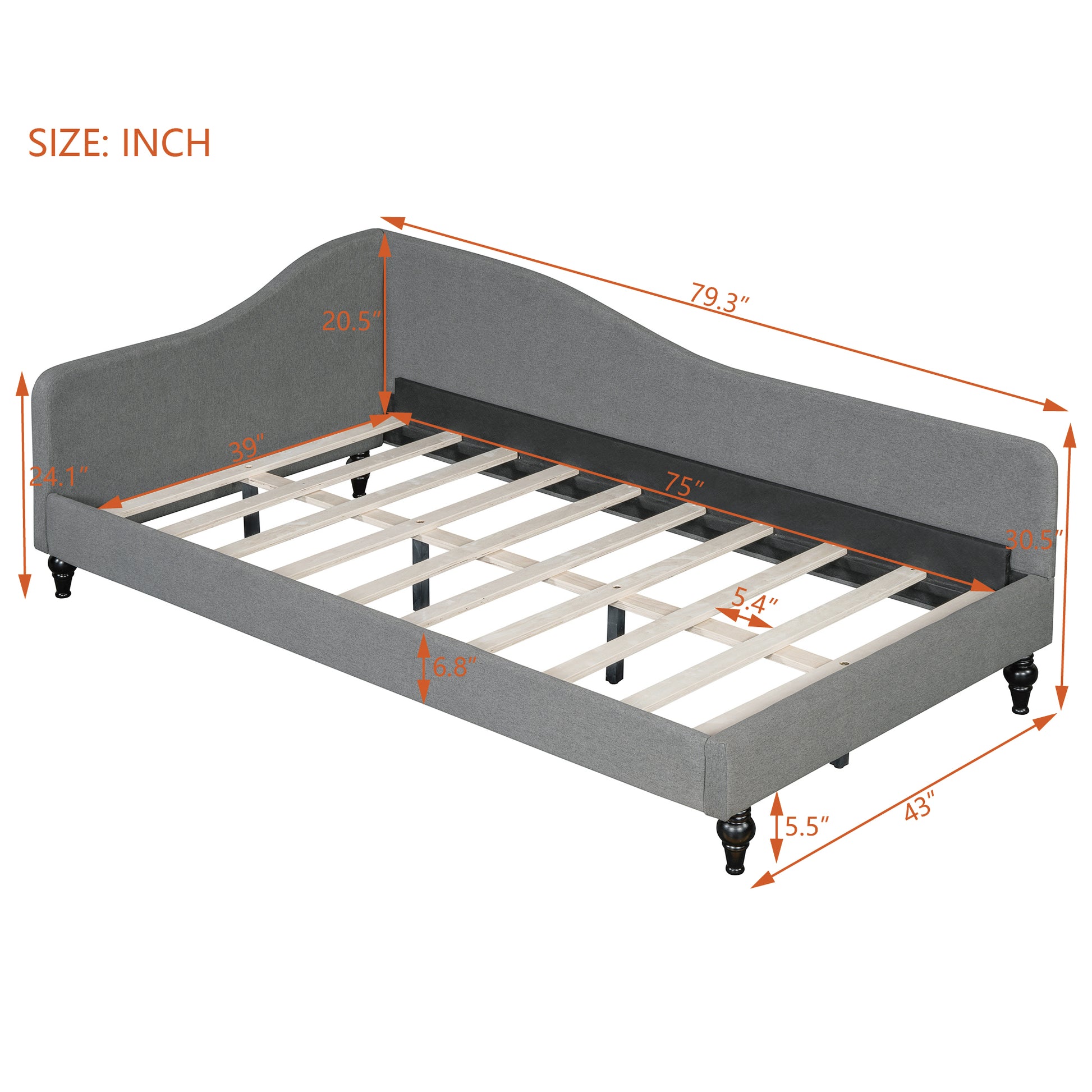 Gray upholstered daybed frame with ornate legs and dimension markings