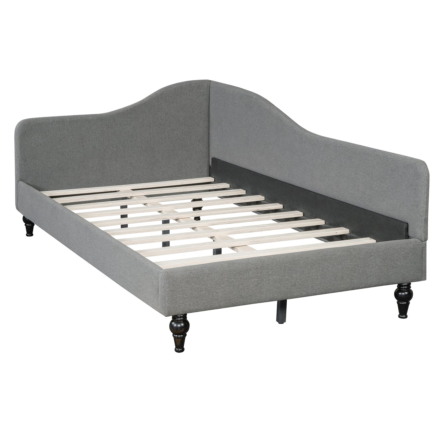 Grey upholstered daybed frame with wooden slats and dark turned legs