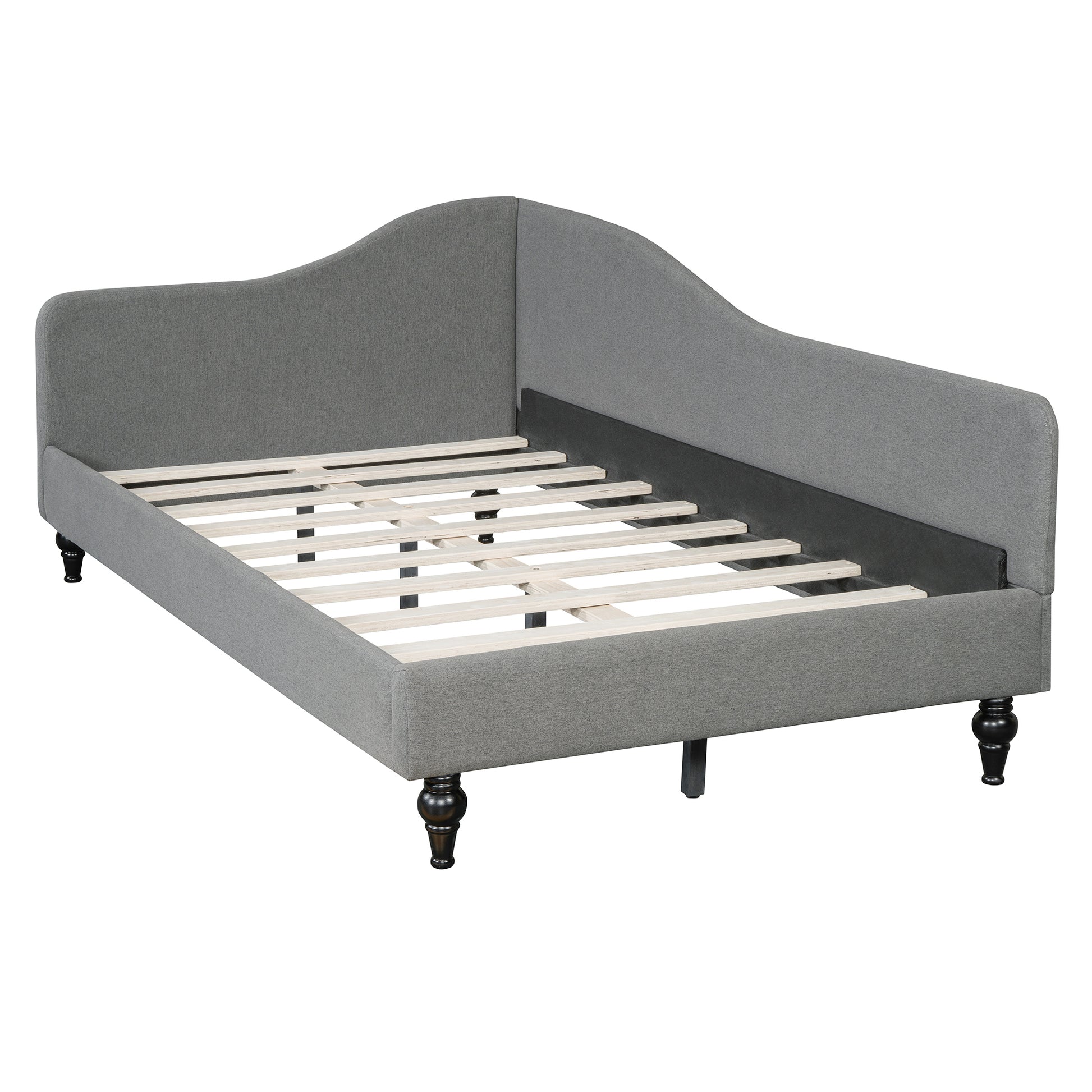 Grey upholstered daybed frame with wooden slats and dark turned legs
