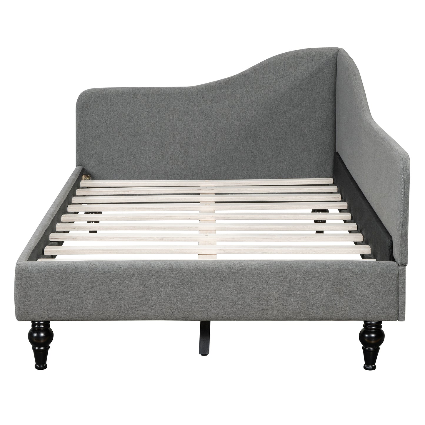 Gray upholstered daybed with curved armrest and slatted base