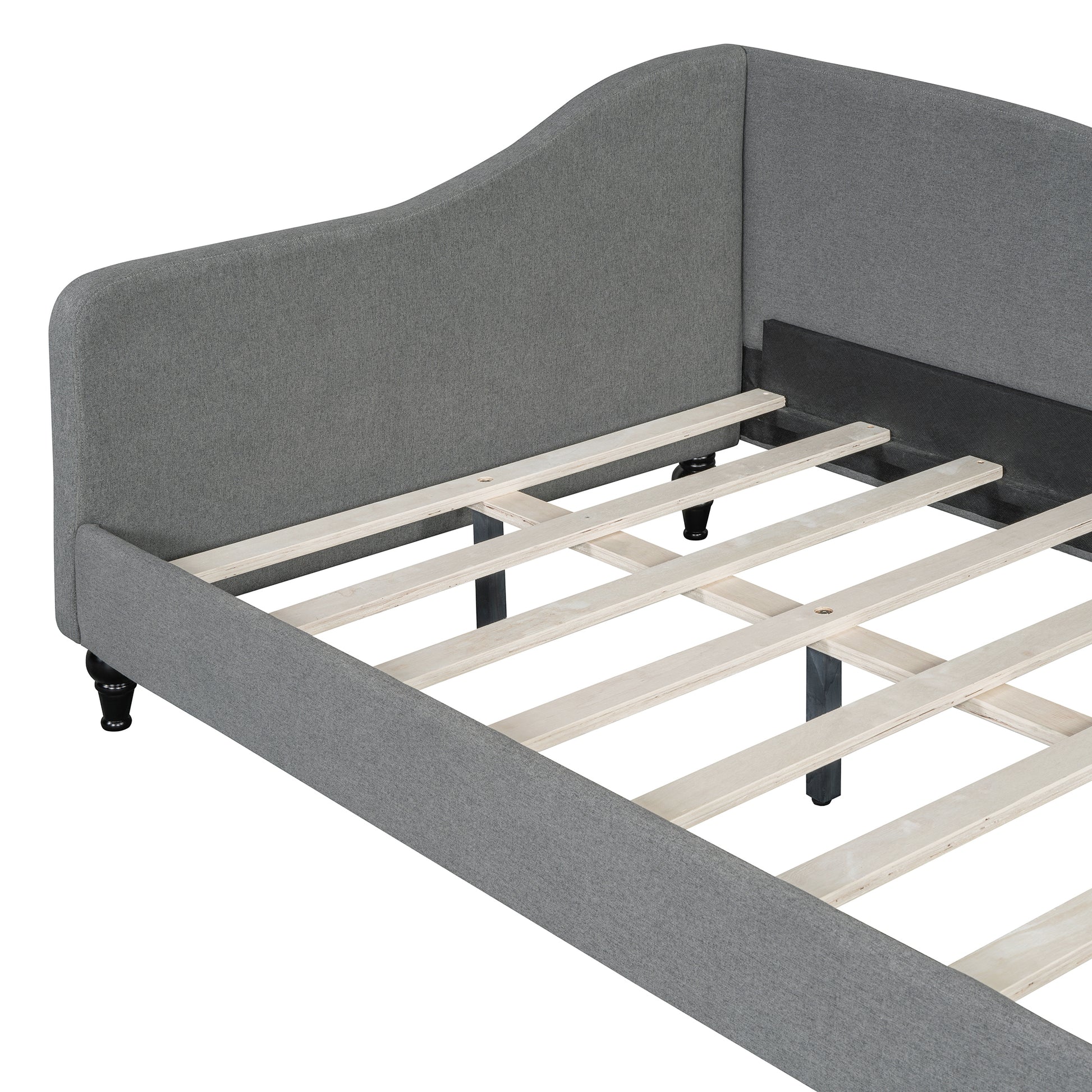 Grey upholstered daybed frame with curved armrest and wooden slats