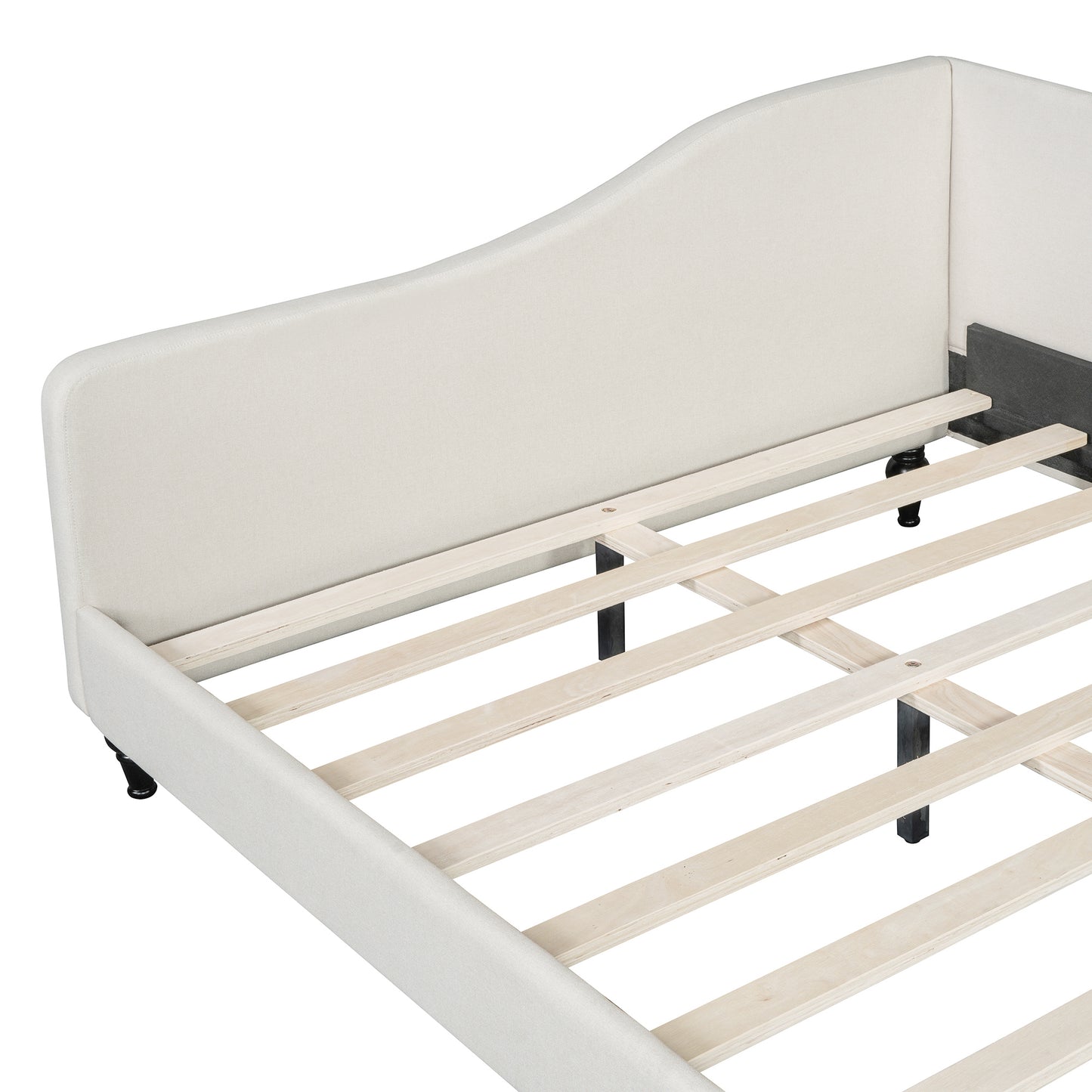 Upholstered offwhite bed frame with wooden slats