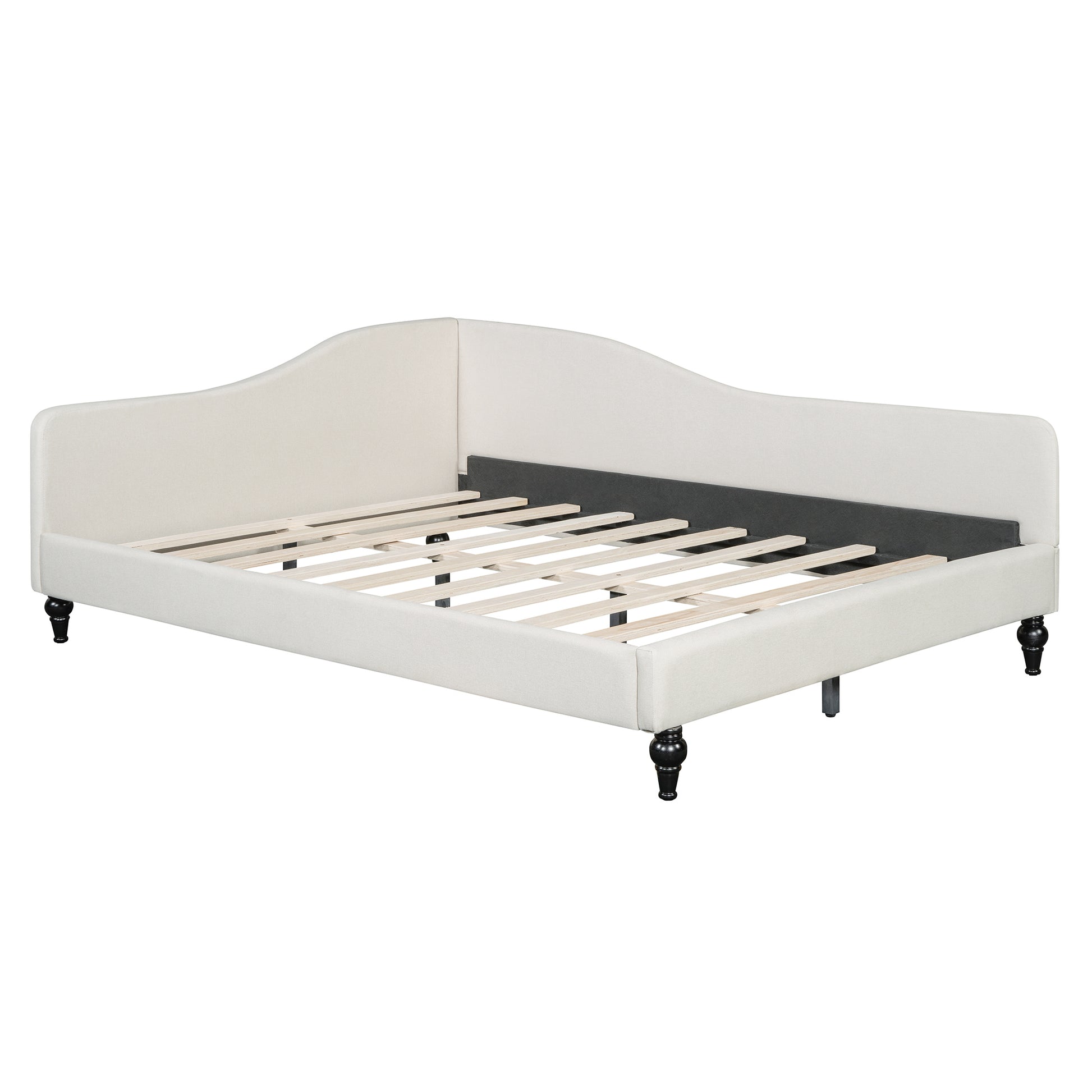 Cream fabric daybed frame with curved headboard and wooden slats