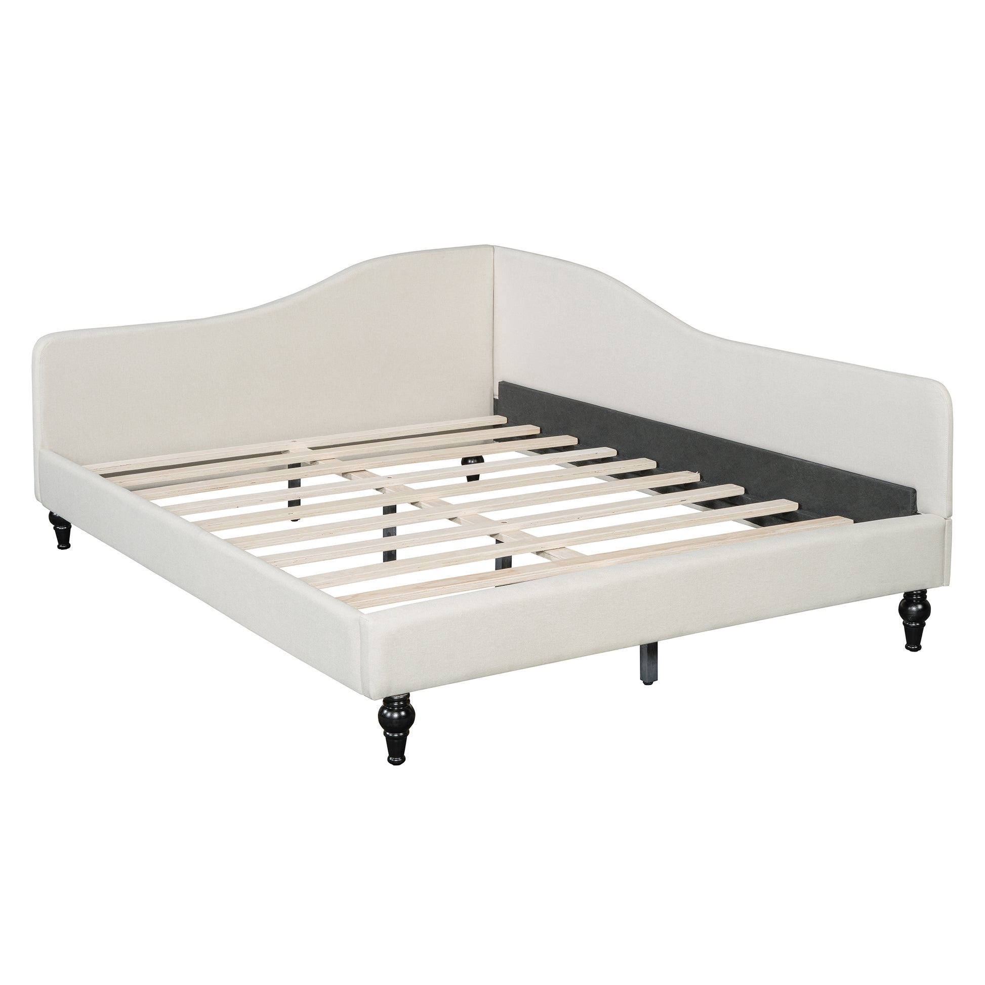Upholstered cream daybed frame with curved headboard and wooden slats