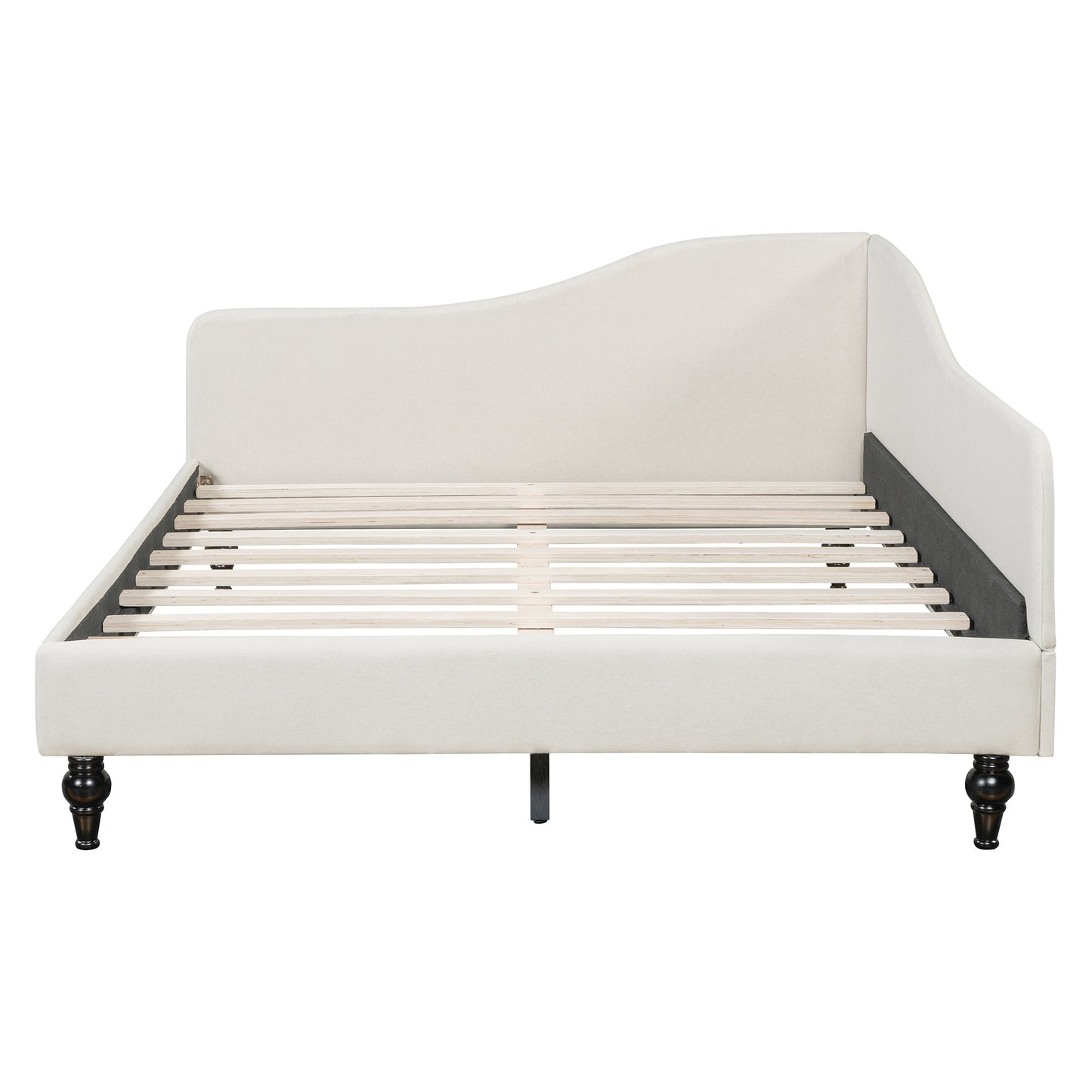 Cream upholstered daybed with curved backrest and wooden slats