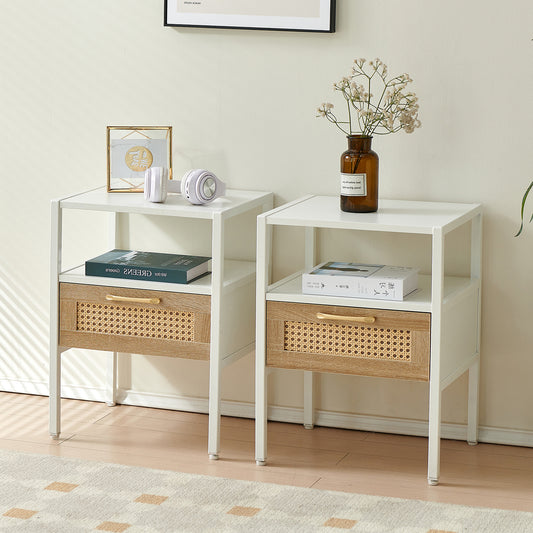 White metal nightstand with rattan drawer